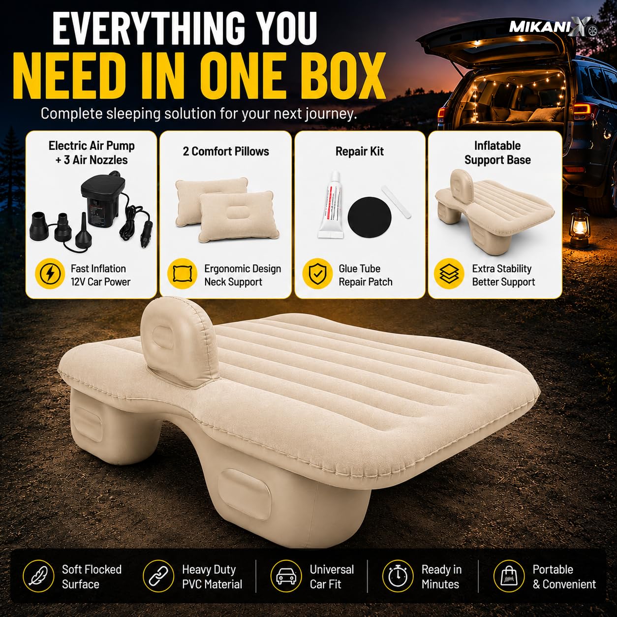 MIKANIX Inflatable Car Mattress Back Seat Air Bed for SUV, Sedan & Truck Travel | Portable Camping Air Mattress Bed with Portable Electric Air Pump, 2 Pillows, Repair Kit & Head Protection
