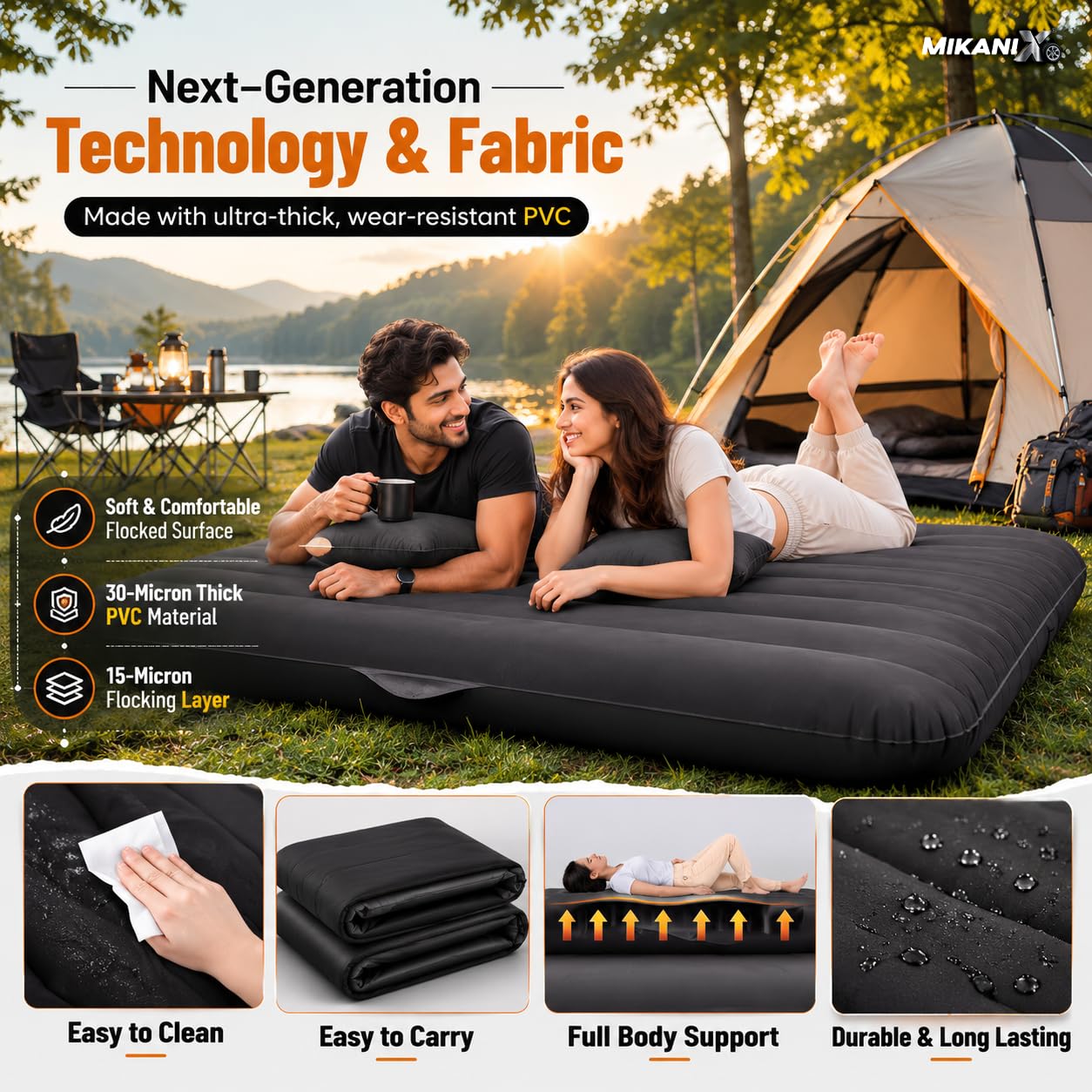 MIKANIX Inflatable Car Mattress Back Seat Air Bed for SUV, Sedan & Truck Travel | Portable Camping Air Mattress Bed with Portable Electric Air Pump, 2 Pillows, Repair Kit & Head Protection