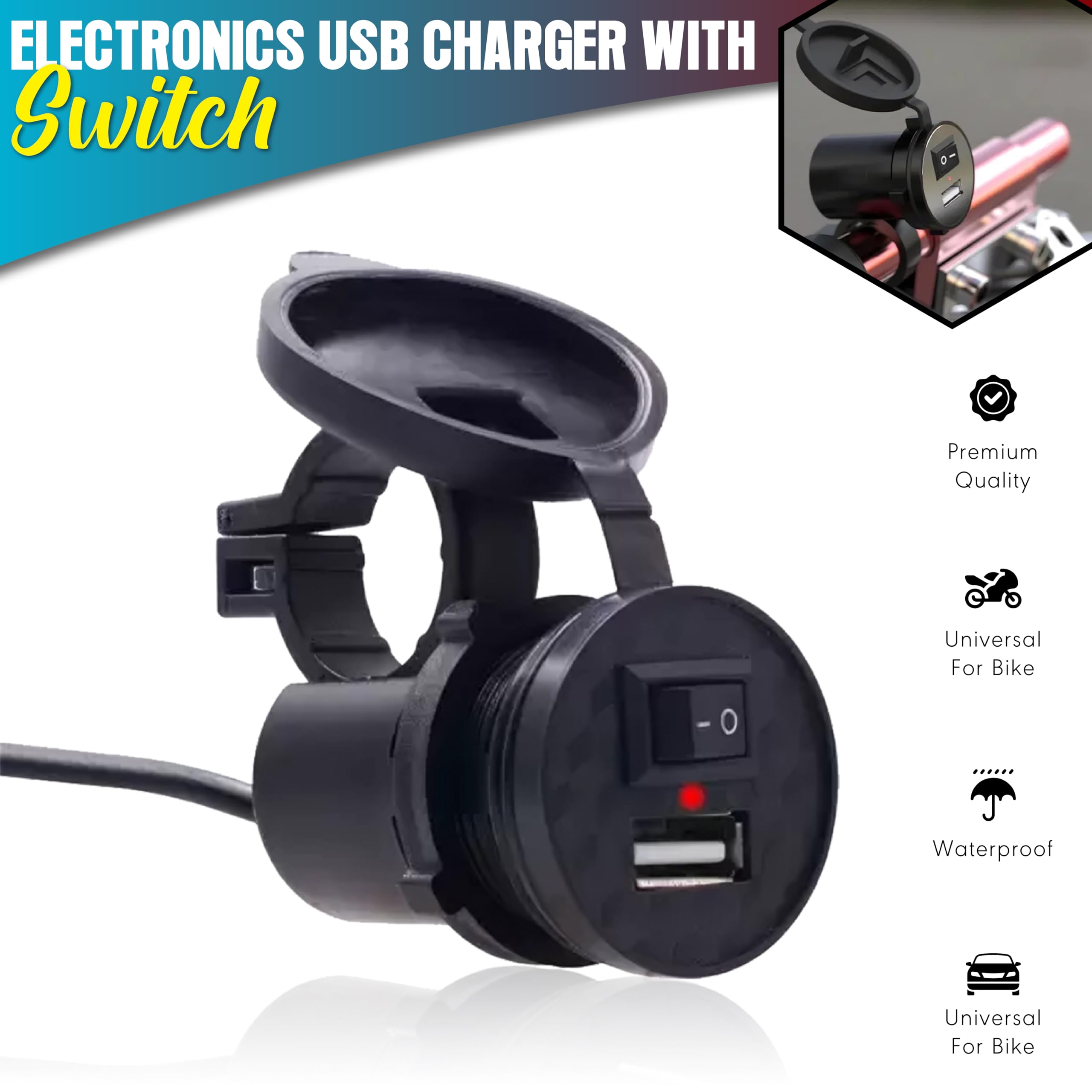 OBEROI'S TRADERS Waterproof Mobile USB Charger | Adapter Socket | Fast Charging Output : 5V-1.5A | Switch On/Off Button with Silicone Cover for Bike and Scooty