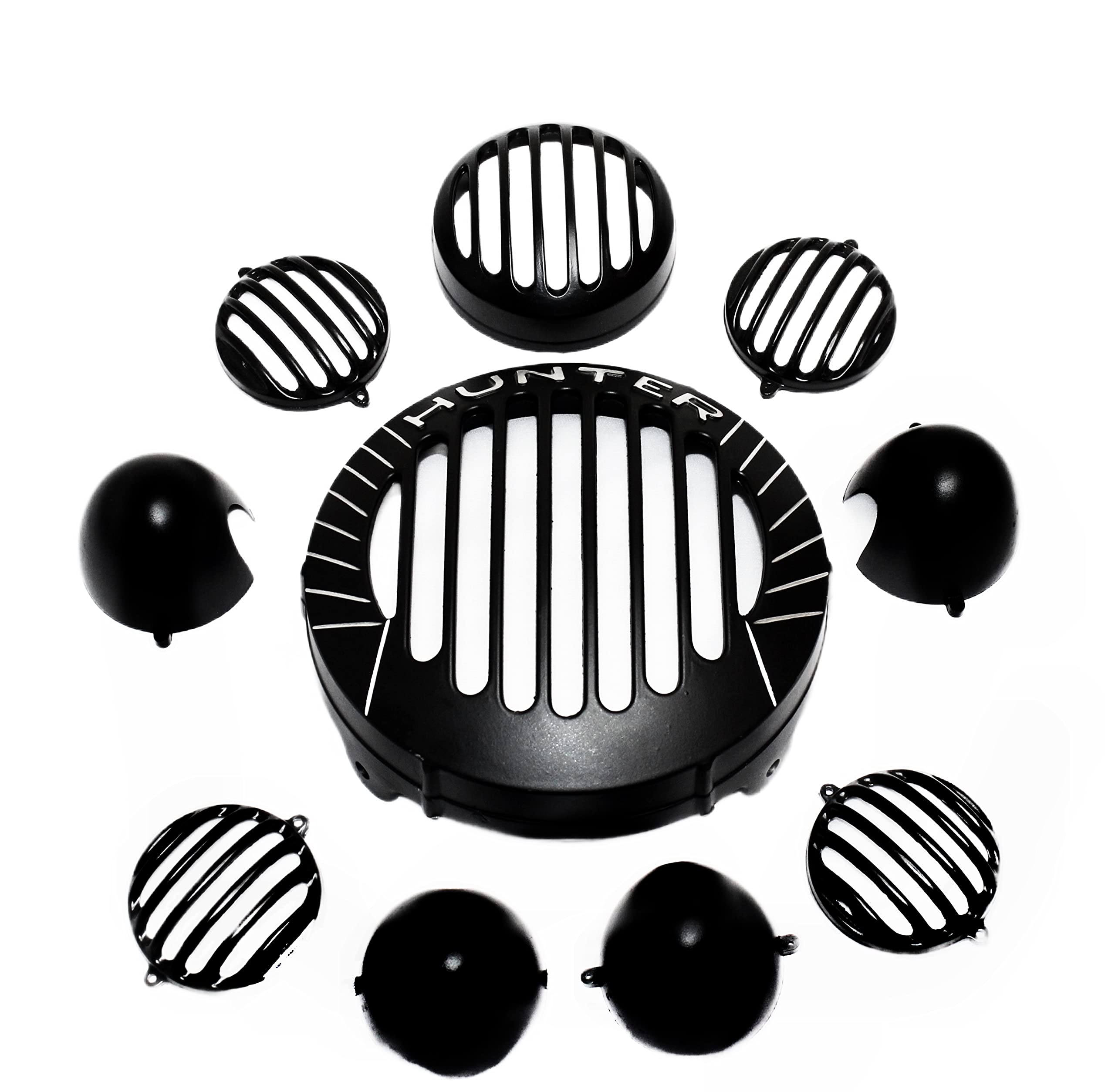 MIKANIX Hunter 350 Bike LED Cnc Metal Front Rear Fancy Headlight Grill/Jali Cover Set With Tail Lamp, Indicator Cup Compatible For Royal Enfield Hunter 350