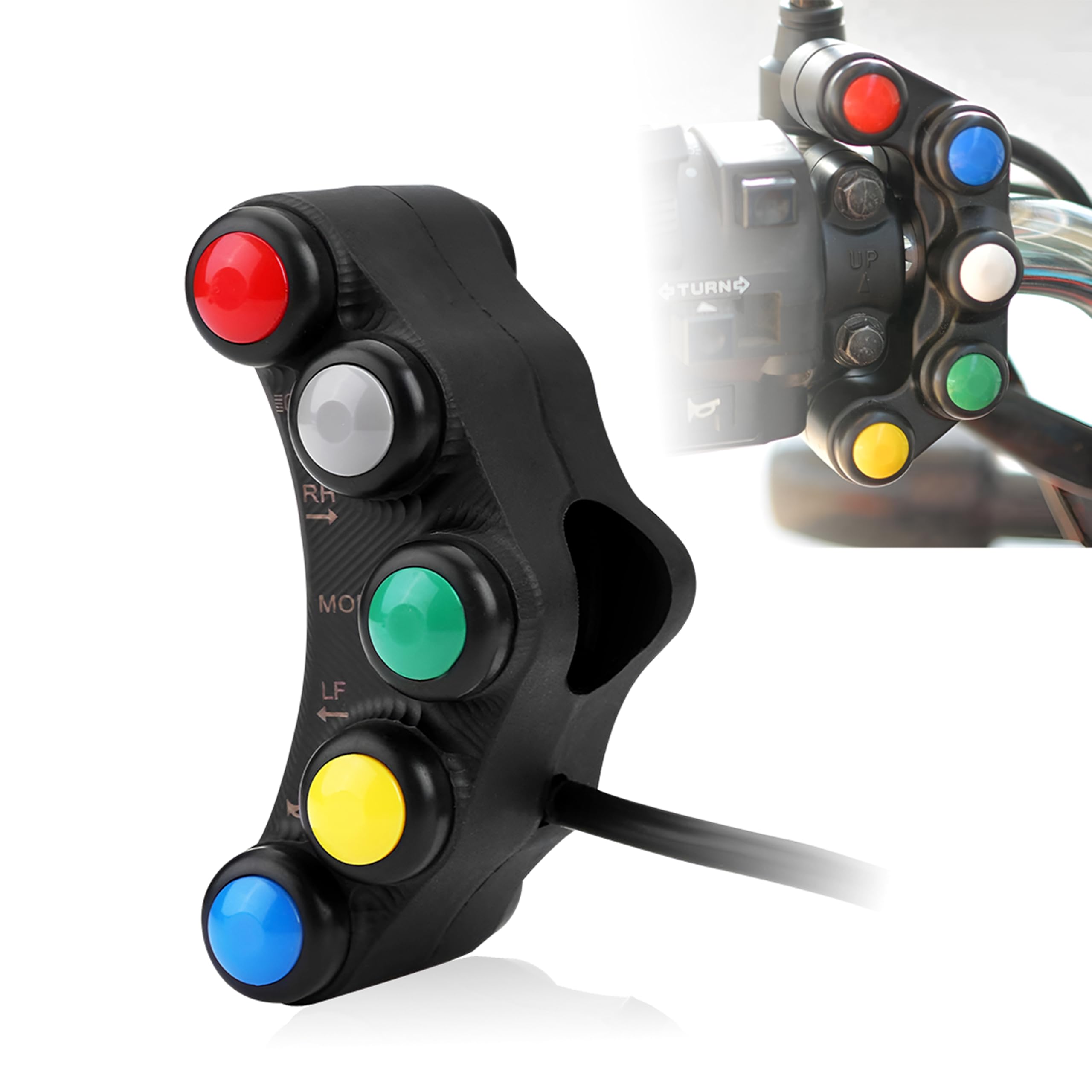 Moto GP Universal Bike Headlight/Turn Signal Light Pilot Switch 5 Way Multipurpose 3 On/Off Switch/Buttons with 2 Horn Push Buttons for Handle Bar Grip