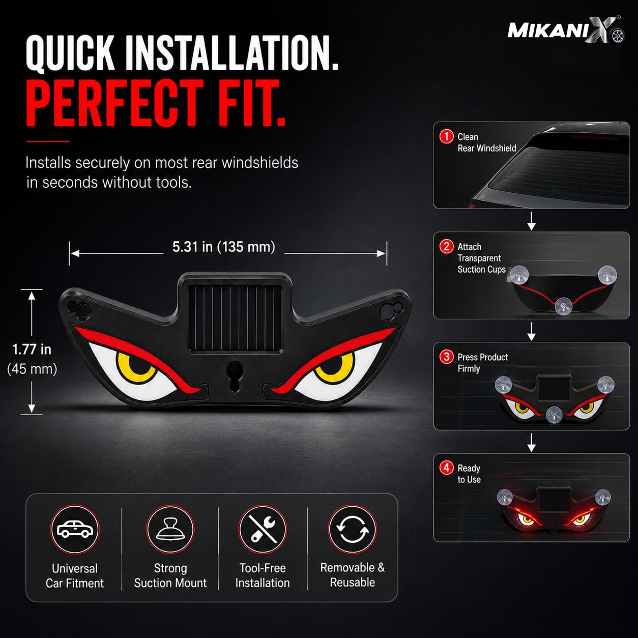 MIKANIX LED Demon Eyes for Car | Solar Powered Wireless Evil Eye Window Light | Dynamic Windshield LED Lamp with Suction Cup Mount | Car Decoration for SUV, Truck, Van & RV