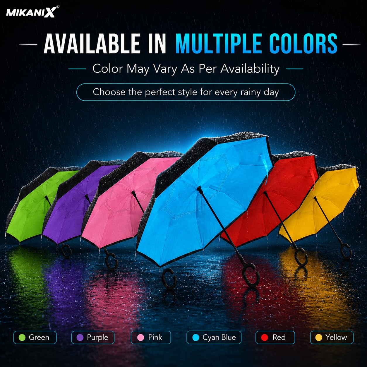 MIKANIX Reverse Folding Umbrella | Windproof Double Layer Inverted Upside Down Umbrella with C Shape Handle | Waterproof Anti-Drip Car Travel Rain Umbrella for Outdoor (MULTICOLOR)