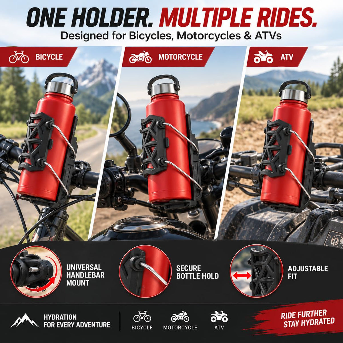 MIKANIX Adjustable Water Bottle Holder | Bottle Cage with Secure Mounting Bracket | Anti-Slip Secure Holder Heavy-Duty Bottle Stand for Bike, Cycling, Scooter, ATV & Bicycle