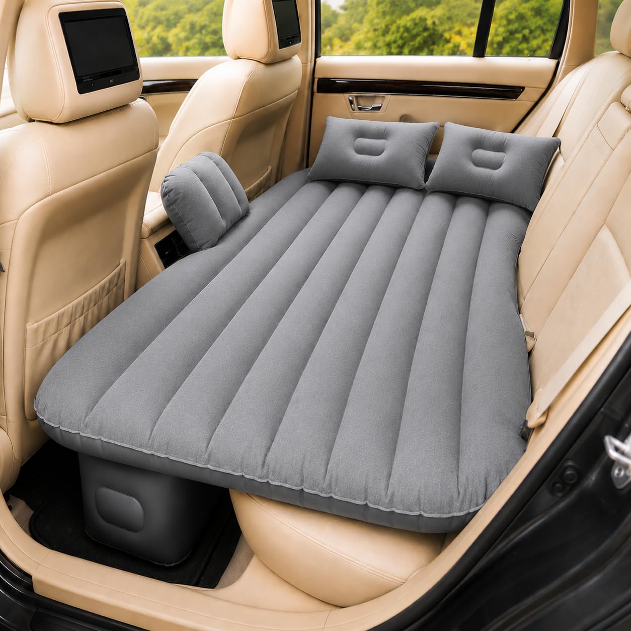 MIKANIX Inflatable Car Mattress Back Seat Air Bed for SUV, Sedan & Truck Travel | Portable Camping Air Mattress Bed with Portable Electric Air Pump, 2 Pillows, Repair Kit & Head Protection