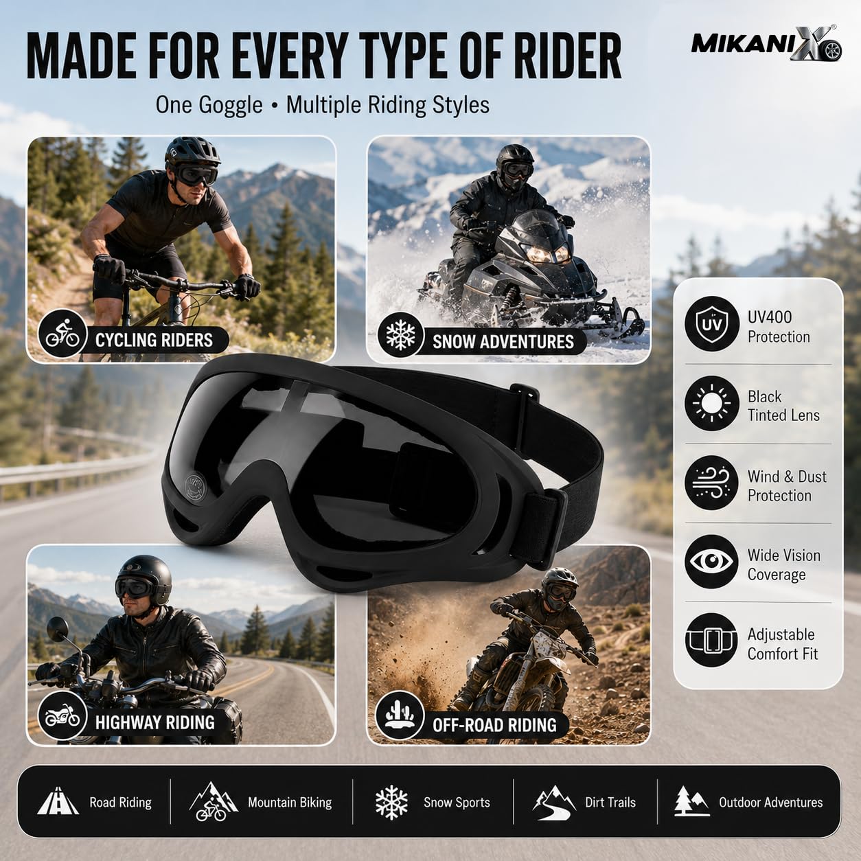 BRXR Motorcycle Riding Eyewear Helmet Goggles Anti Scratch | UV Protective Windproof Dirt Shield For Cycling, Bike Riding Off Road Racing And Outdoor Activities (BLACK)