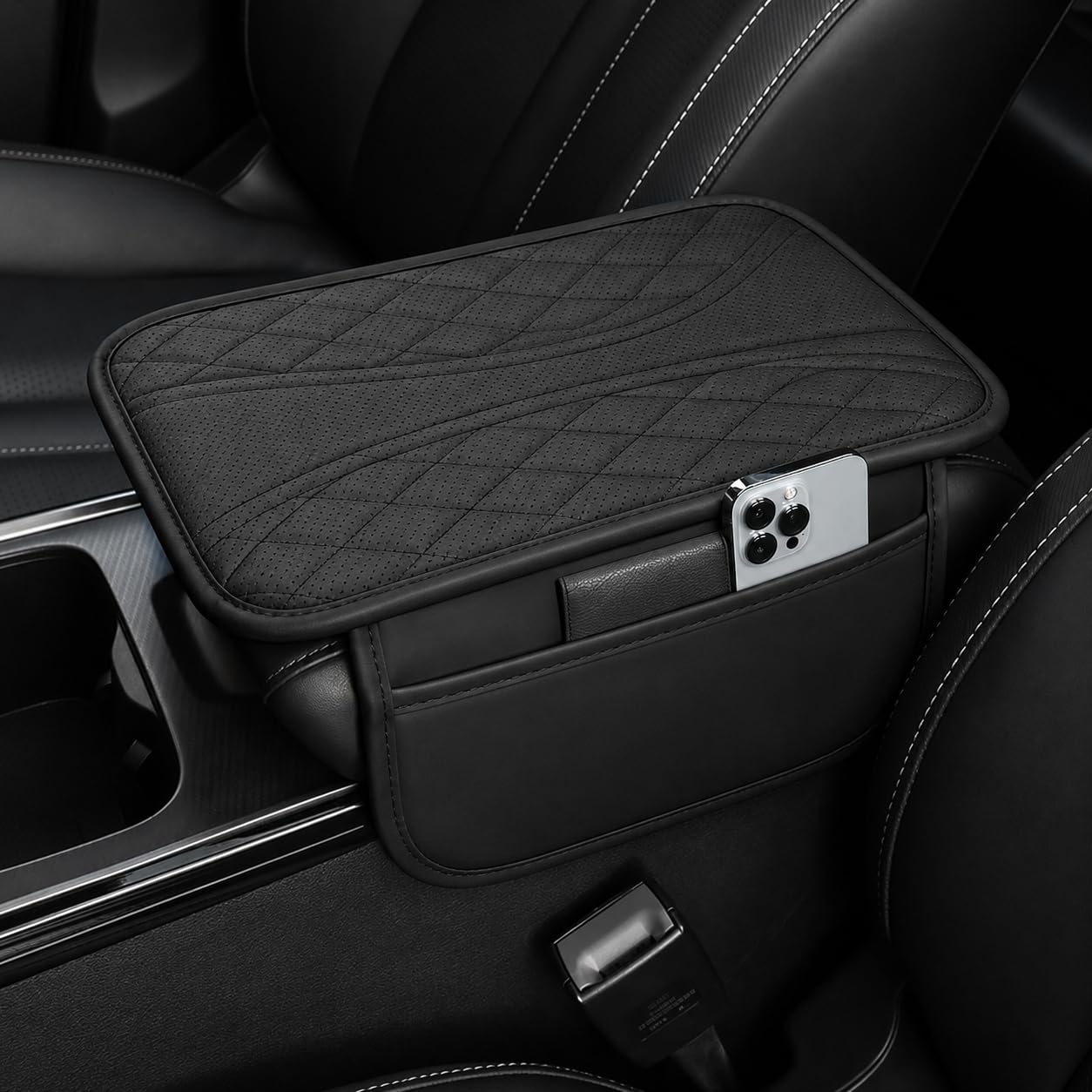 MIKANIX Car Center Console Armrest Cushion | Waterproof Leather Car Armrest Pad with Cup Holder, Phone Slot & Tissue Organizer for Top Hinged Consoles