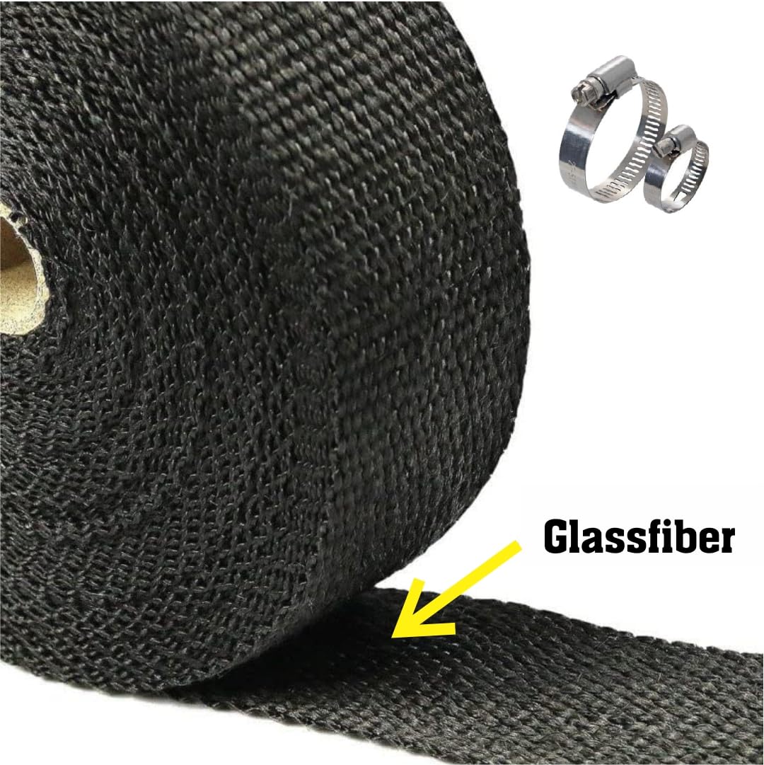 OBEROI'S TRADERS Combo of Universal Silencer Wrap | Bend Pipe Wrap | Bike Exhaust Heat Shield Protector with Clamp Compatible for Royal Enfield Classic, Electra Twinspark, Standard (6 Mtr, Black)