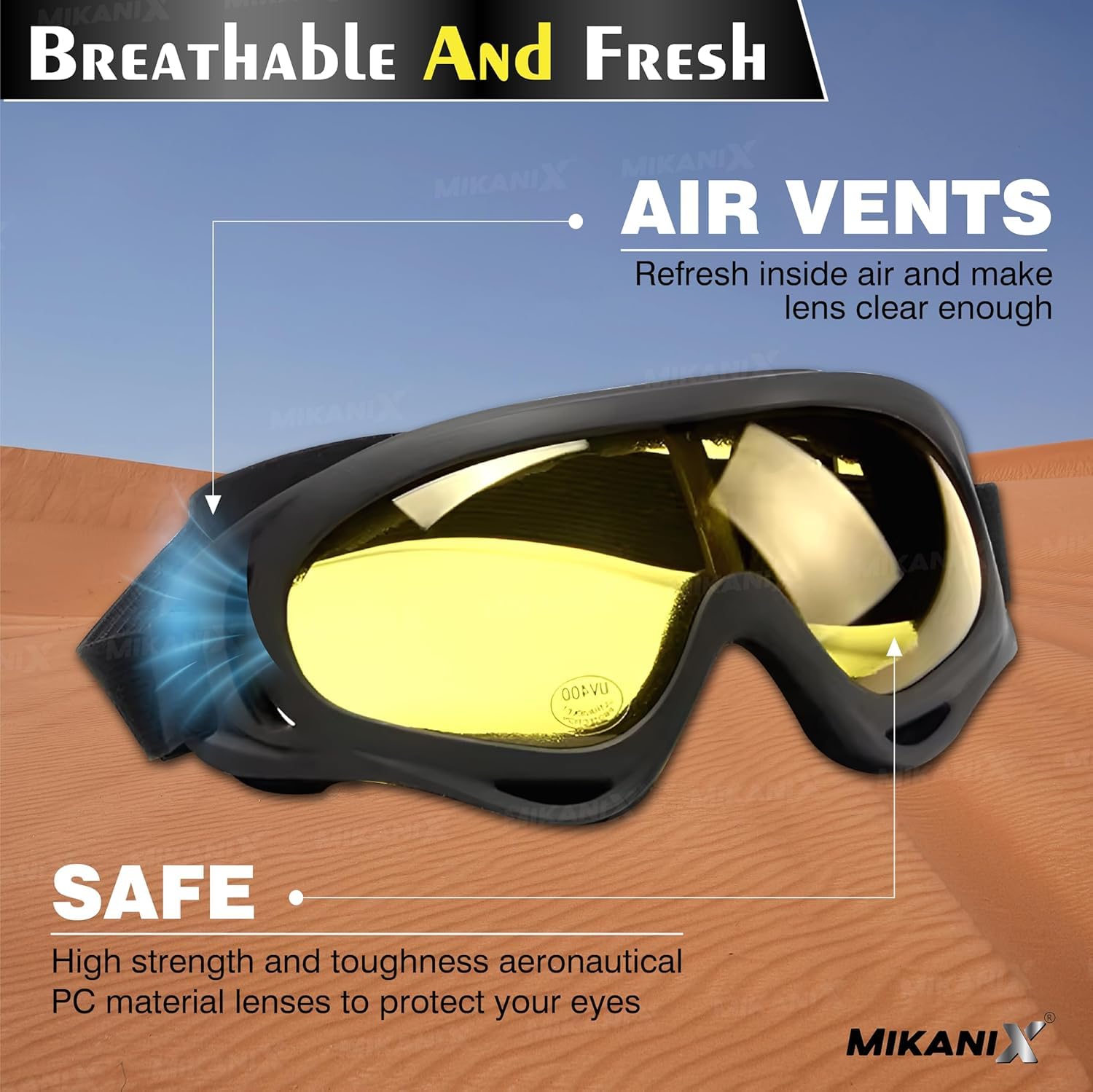 Mikanix Motorcycle Helmet Goggles | Anti-UV, Windproof Bike Riding Glasses | Dirt Bike, ATV, Cruiser, Outdoor Sports Eyewear for Men & Women