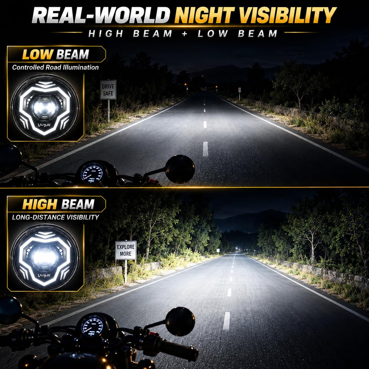 MIKANIX DRL Motorcycle HJG Headlight 3 Modes | App Controlled LED Headlamp | White, Amber & RGB | High & Low Beam | Dynamic Multicolor Light for Bike, Motorcycle & Universal 7-Inch Housing