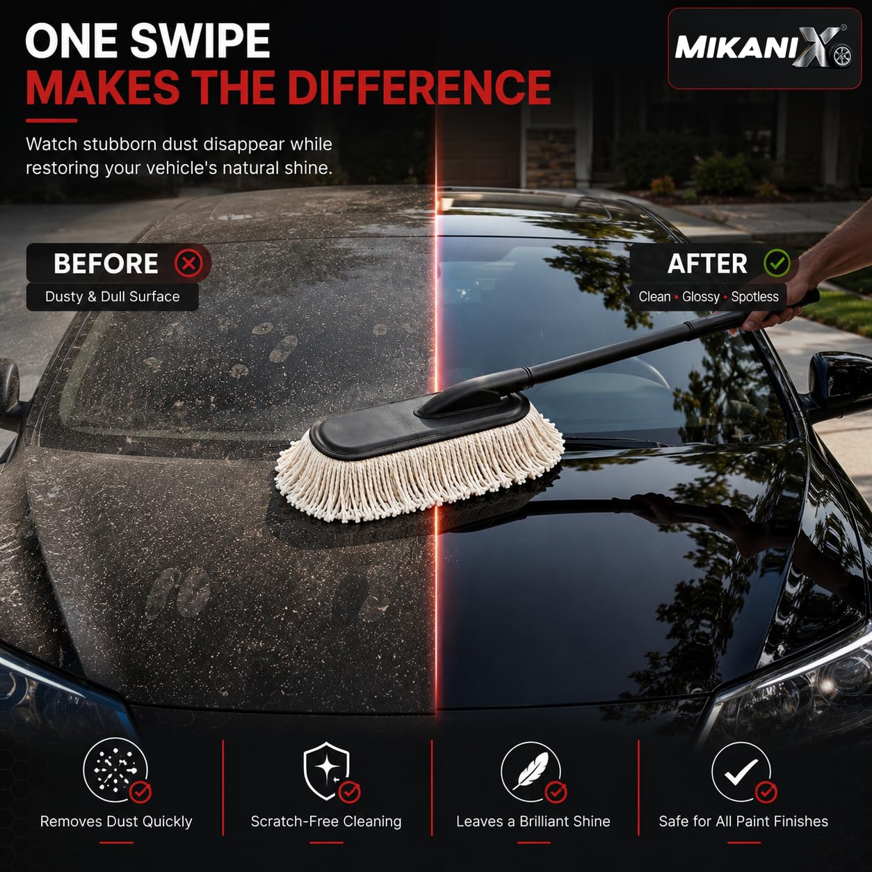 MIKANIX Soft Microfiber Car Duster Brush with Long Handle, Lint-Free & Scratch-Free Car Dust Cleaner | Paraffin Wax-Treated Cotton Fibers for Car, Bike, SUV, Truck & Dashboard