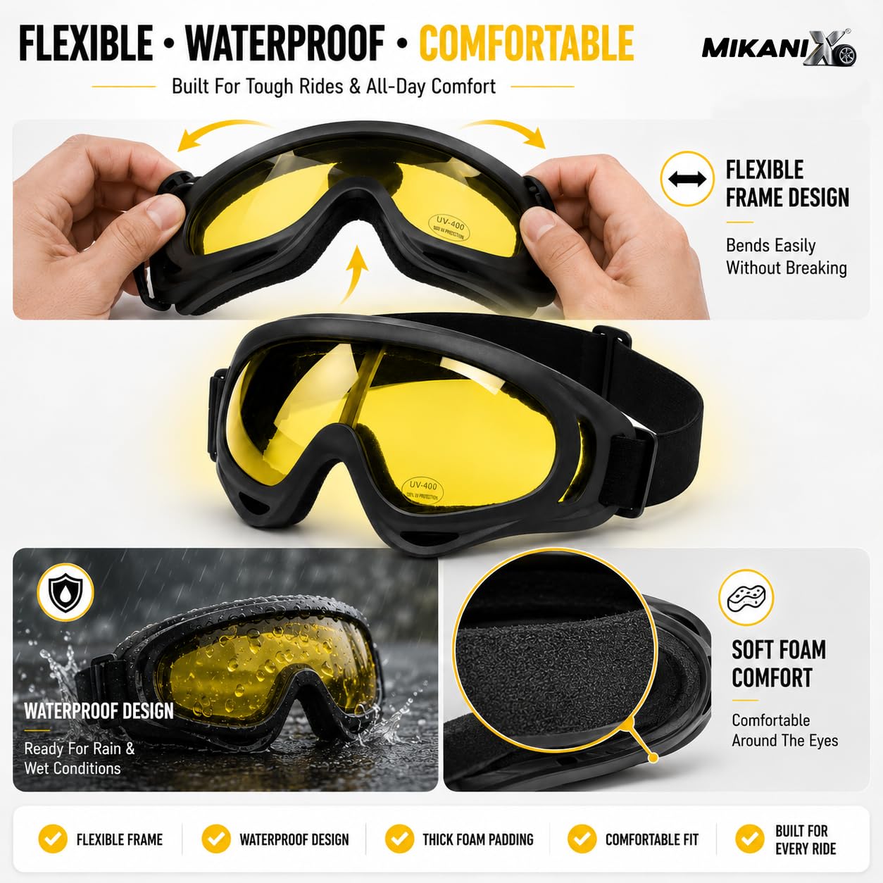 BRXR Motorcycle Riding Eyewear Helmet Goggles Anti Scratch | UV Protective Windproof Dirt Shield for Cycling, Bike Riding Off Road Racing and Outdoor Activities (Yellow)