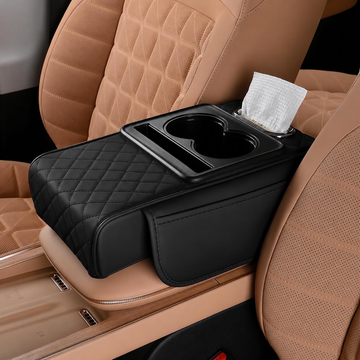 MIKANIX  Premium Car Armrest Cushion with Cup Holder | Leather Center Console Organizer Pad for Auto Interior