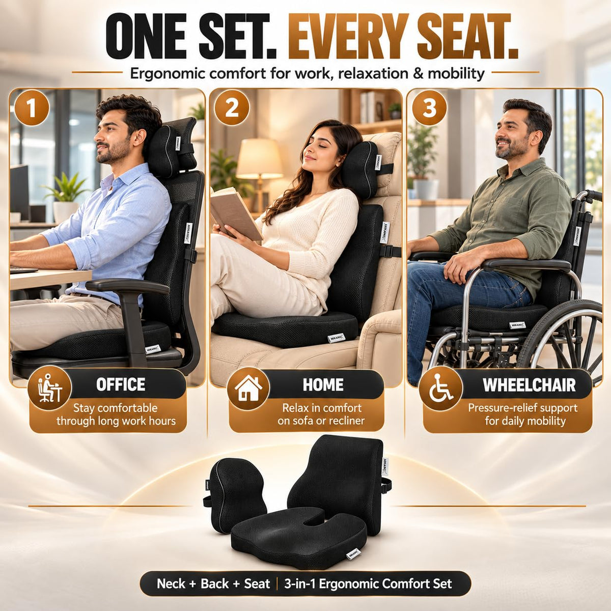 MIKANIX 3-in-1 Cushion Combo with Memory Foam Orthopedic Coccyx Seat Cushion | Lumbar Support Backrest and Neck Headrest Cushion | Breathable for Car, SUV, Sedan & Long Drives