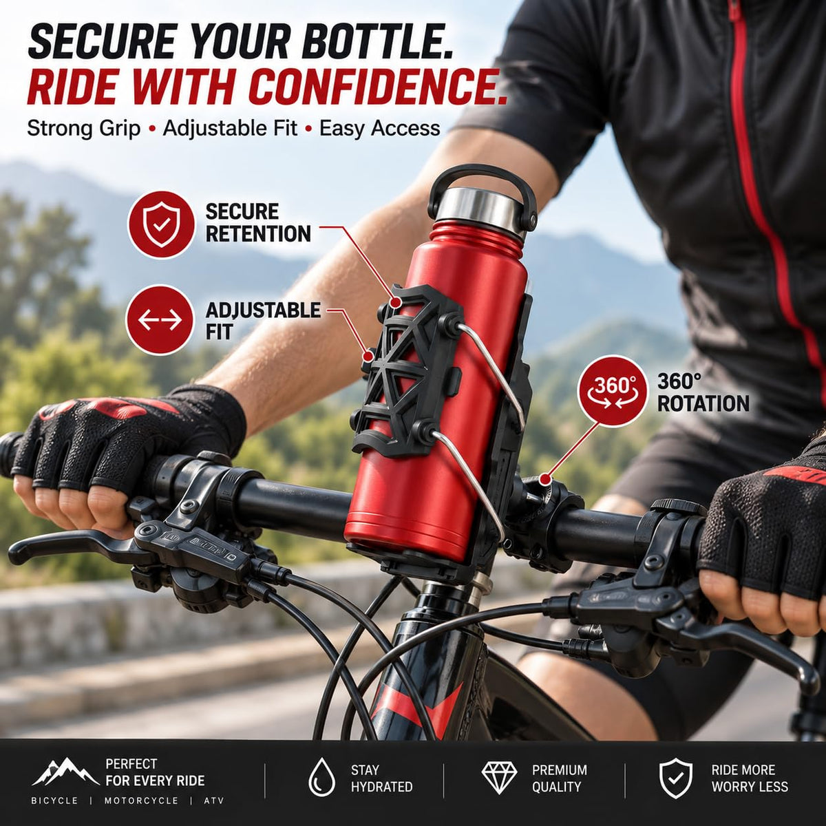 MIKANIX Adjustable Water Bottle Holder | Bottle Cage with Secure Mounting Bracket | Anti-Slip Secure Holder Heavy-Duty Bottle Stand for Bike, Cycling, Scooter, ATV & Bicycle