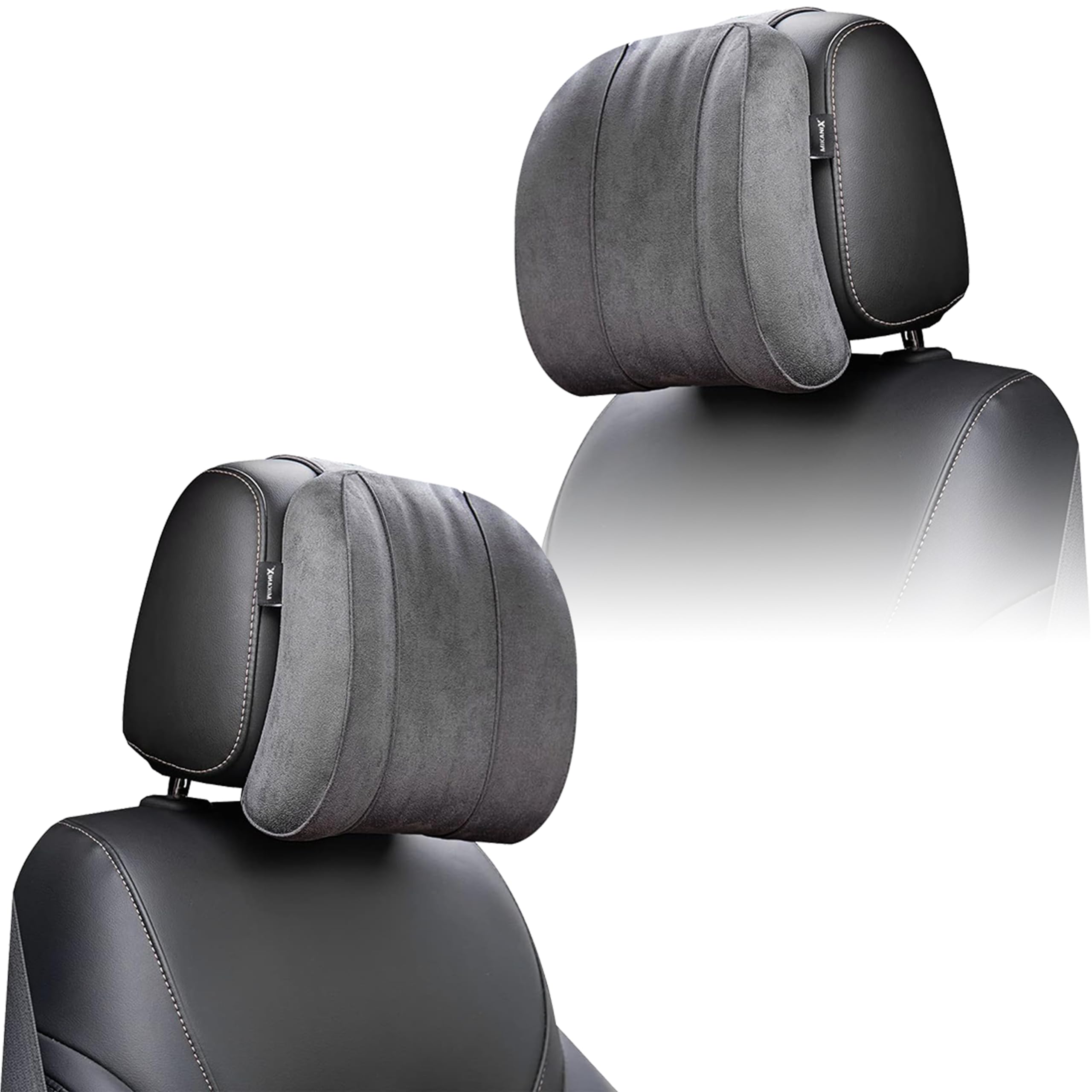 MIKANIX Car Headrest Pillow | Polyfill Fiber Cotton Neck/Head Support Cushion | Ergonomic Travel Headrest | Comfortable Car Seat Pillow | Breathable Soft Cover | Universal Fit (Grey)