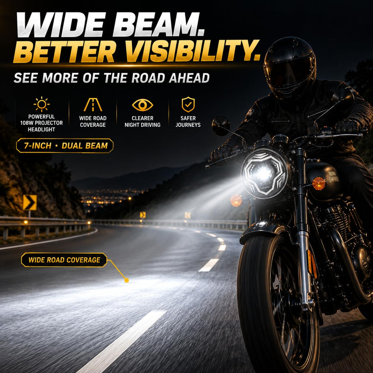 MIKANIX DRL Motorcycle HJG Headlight 3 Modes | App Controlled LED Headlamp | White, Amber & RGB | High & Low Beam | Dynamic Multicolor Light for Bike, Motorcycle & Universal 7-Inch Housing