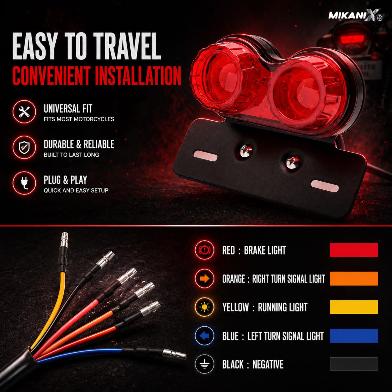 MIKANIX Universal Motorcycle Led Tail Light with Number Plate Bracket | Retro Dual Round Rear Brake Stop Lamp & Indicator for Cafe Racer, Bobber & Custom Bikes