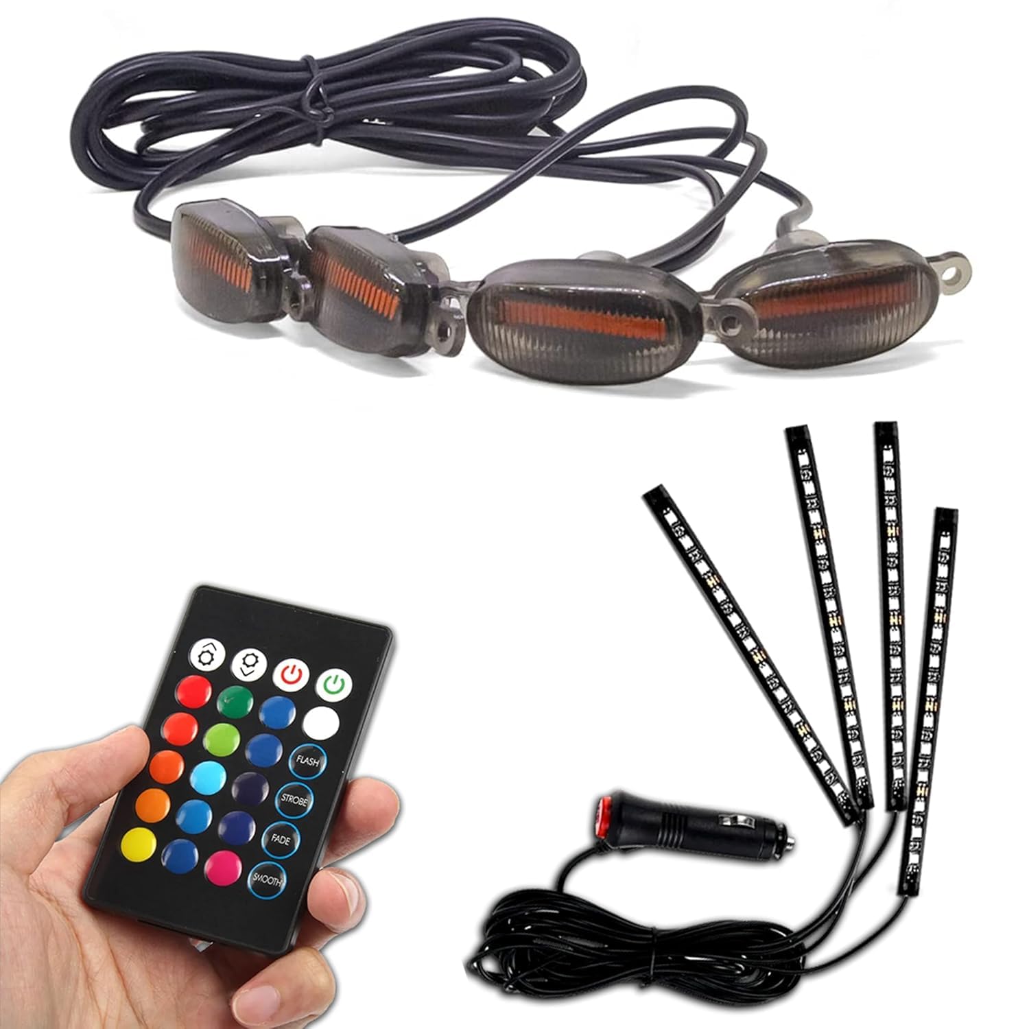 MIKANIX Combo Car Atmosphere Interior Multicolour Dash Led Strip Light & Remote Control with Smoked Shell LED Car Grill Light | Lamp with Harness Kit Universal for All Cars