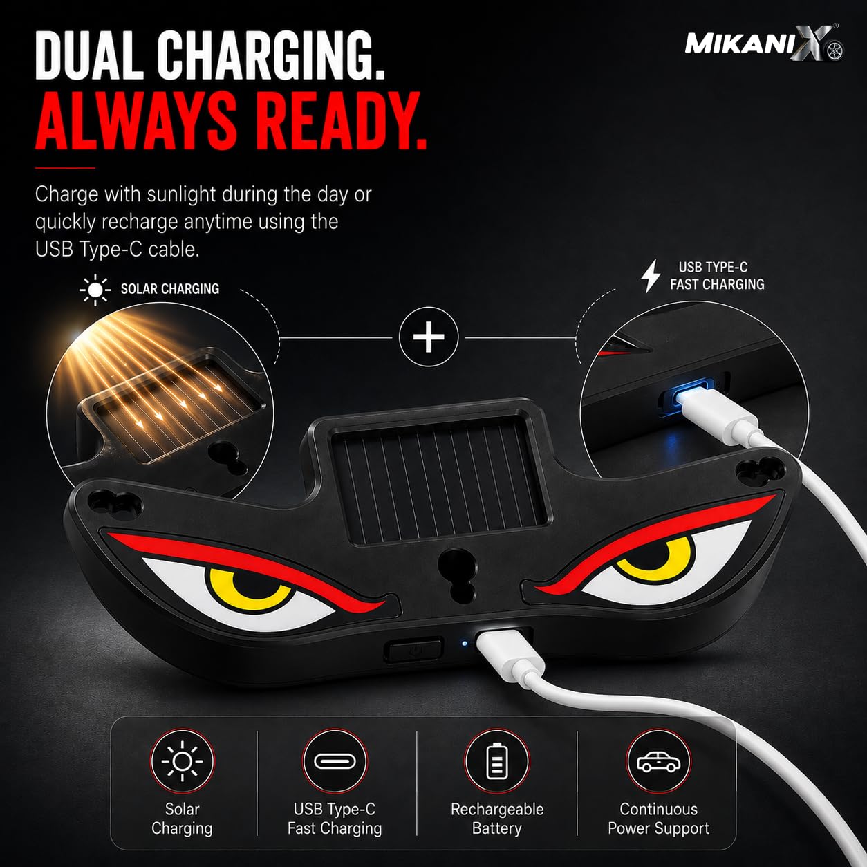MIKANIX LED Demon Eyes for Car | Solar Powered Wireless Evil Eye Window Light | Dynamic Windshield LED Lamp with Suction Cup Mount | Car Decoration for SUV, Truck, Van & RV