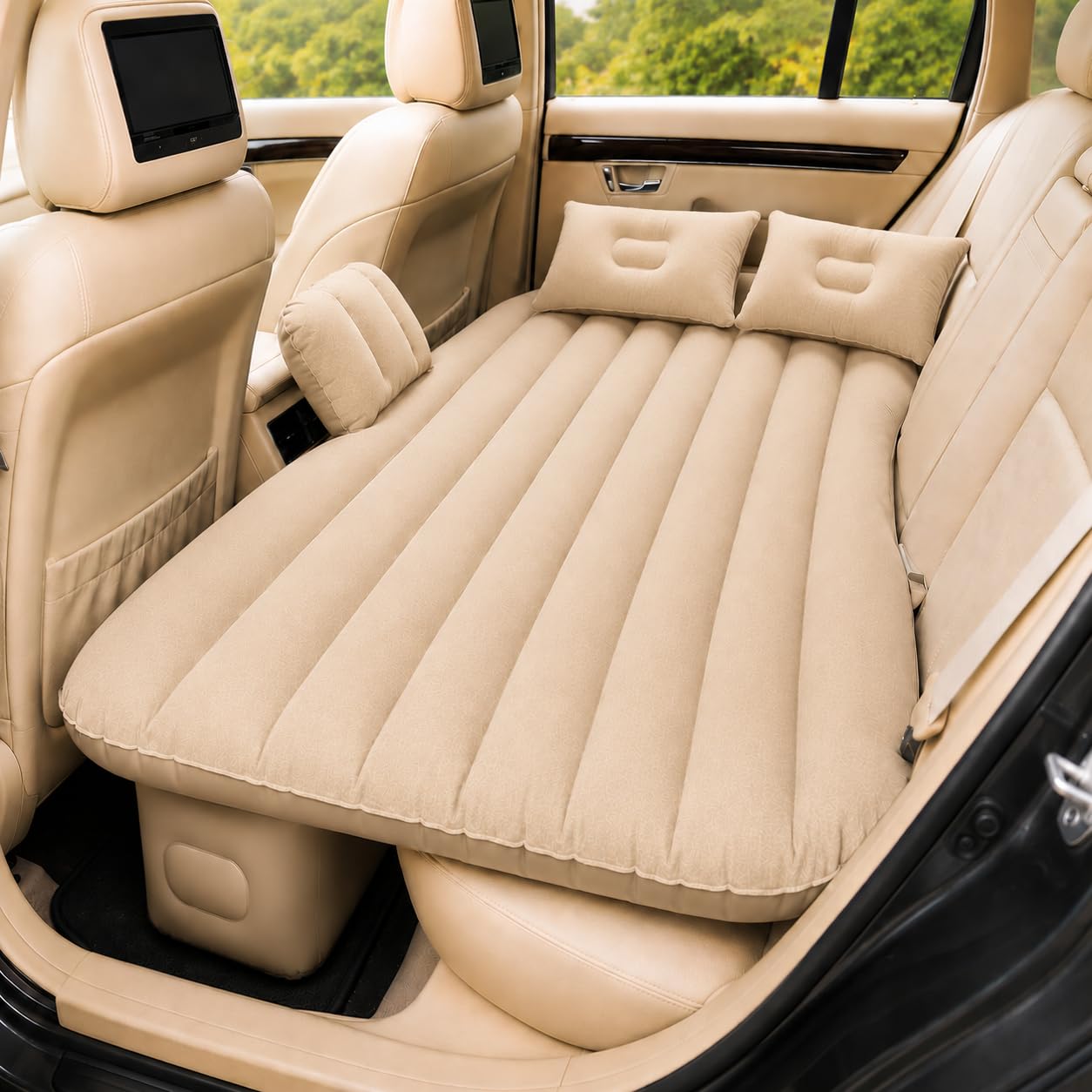 MIKANIX Inflatable Car Mattress Back Seat Air Bed for SUV, Sedan & Truck Travel | Portable Camping Air Mattress Bed with Portable Electric Air Pump, 2 Pillows, Repair Kit & Head Protection