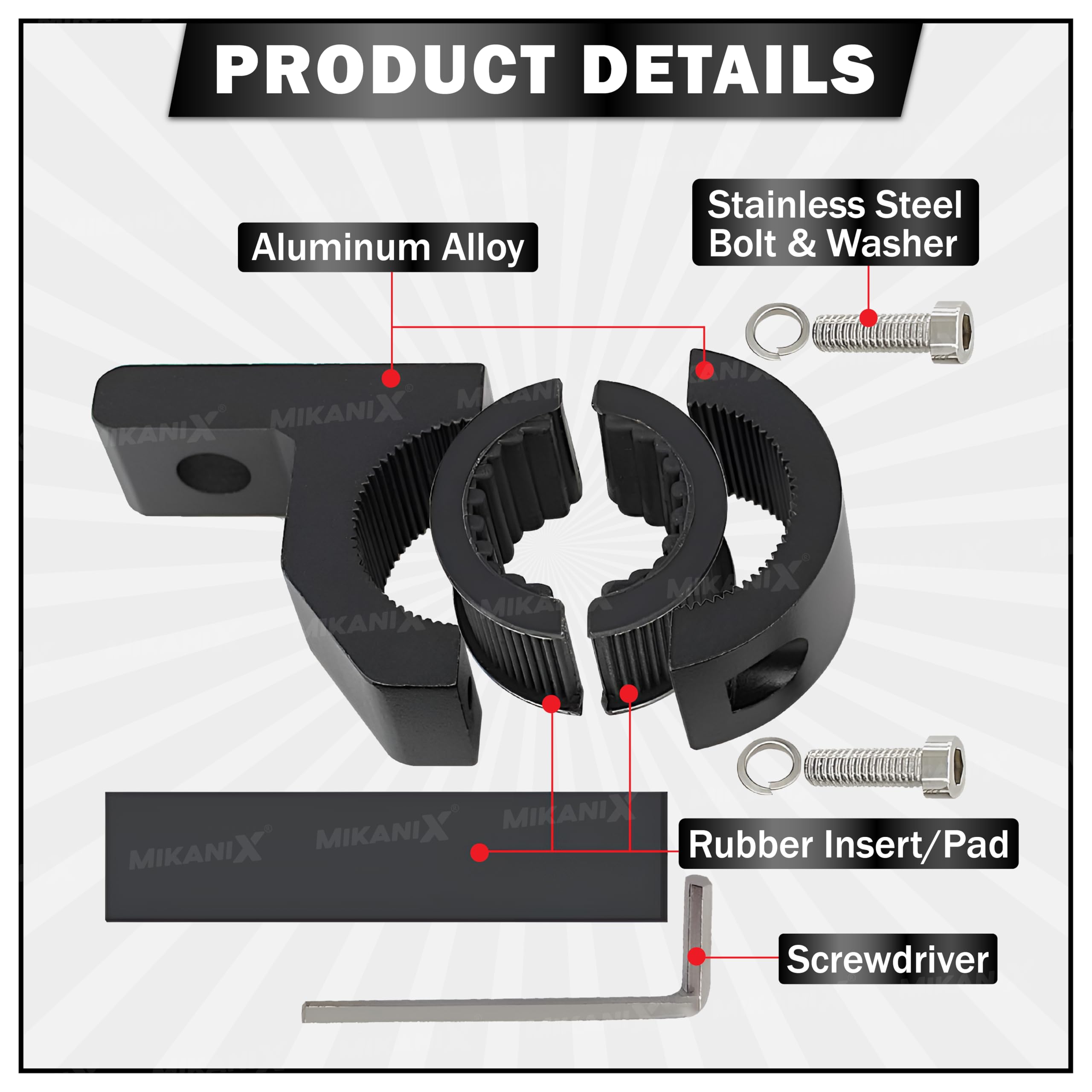 Mikanix Mikanix Universal Fog Light Clamp LED Bar Clamp Mounting Holder Bracket Kit with Rubber Insert for Bike, SUV Car, Jeep and Off Road Vehicles
