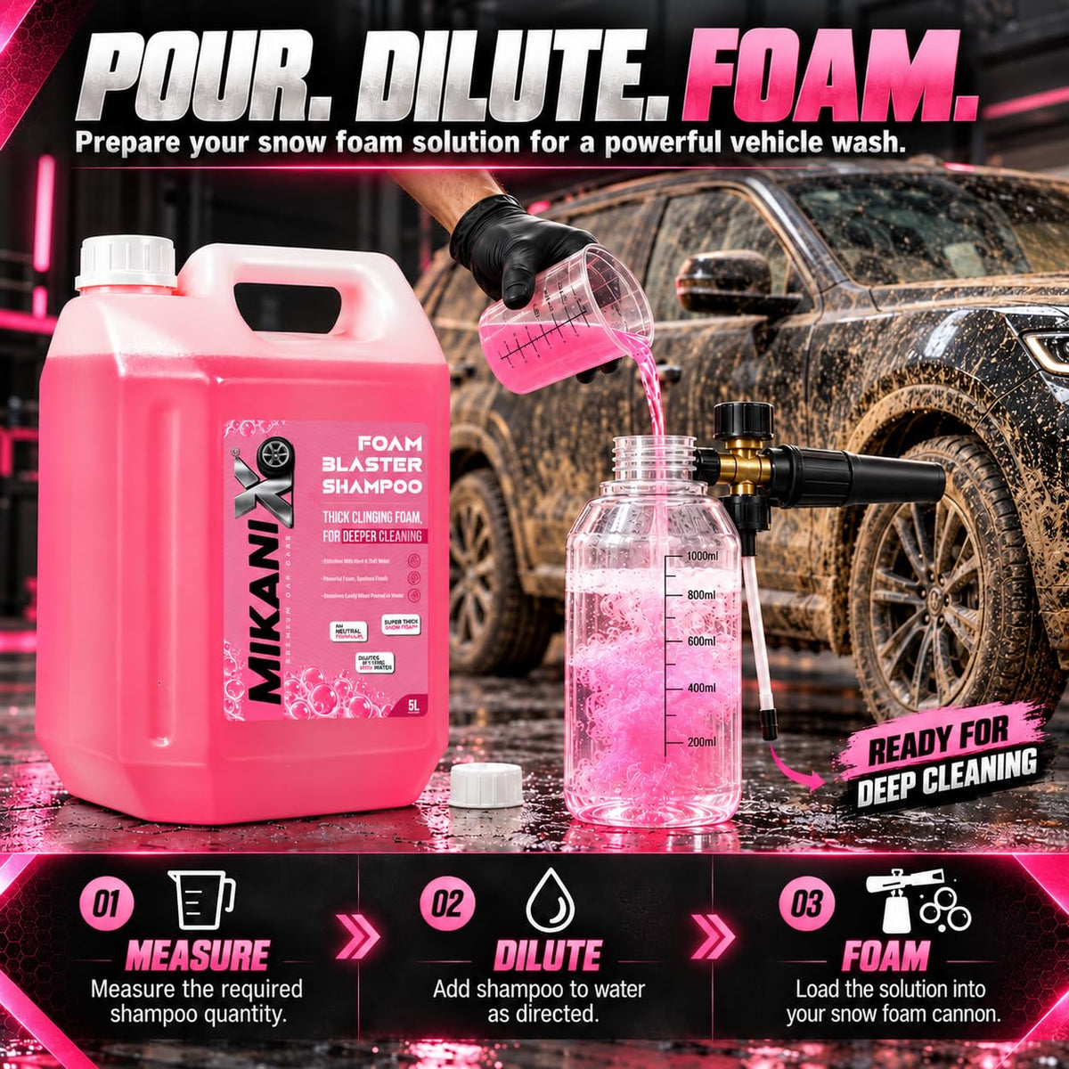 MIKANIX Car Wash Foam Blaster Concentrated Shampoo with Ceramic Shine | High Foam Car Wash Liquid for Cars & Bikes | Car Cleaning Shampoo ( 5 LTR )
