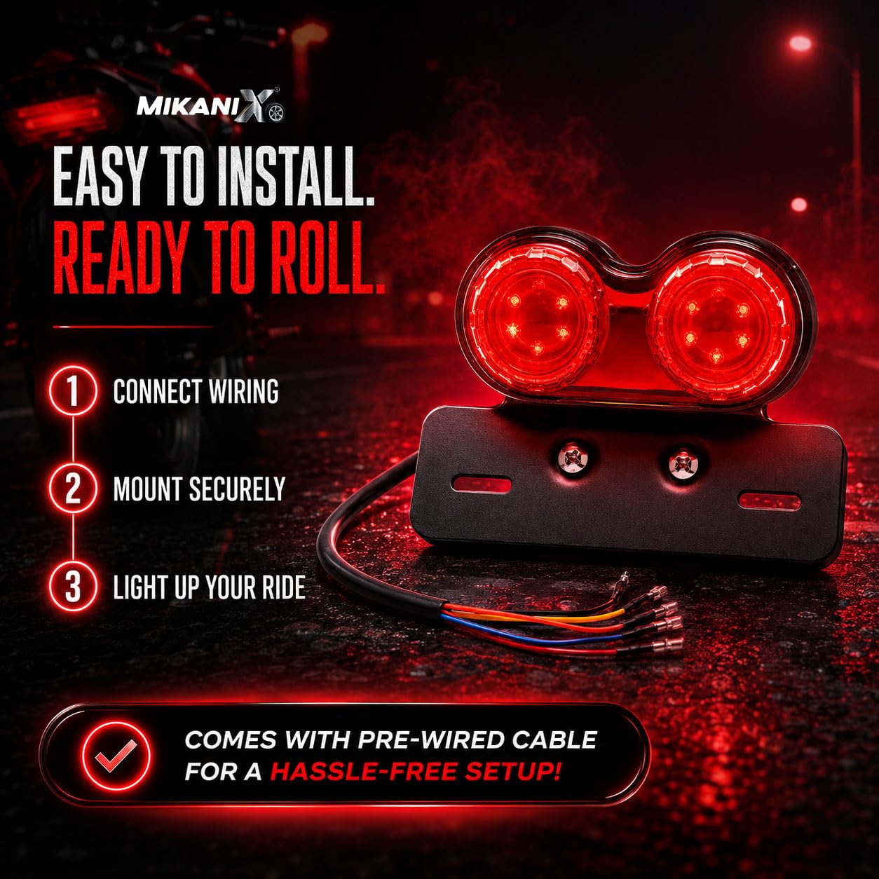 MIKANIX Universal Motorcycle Led Tail Light with Number Plate Bracket | Retro Dual Round Rear Brake Stop Lamp & Indicator for Cafe Racer, Bobber & Custom Bikes