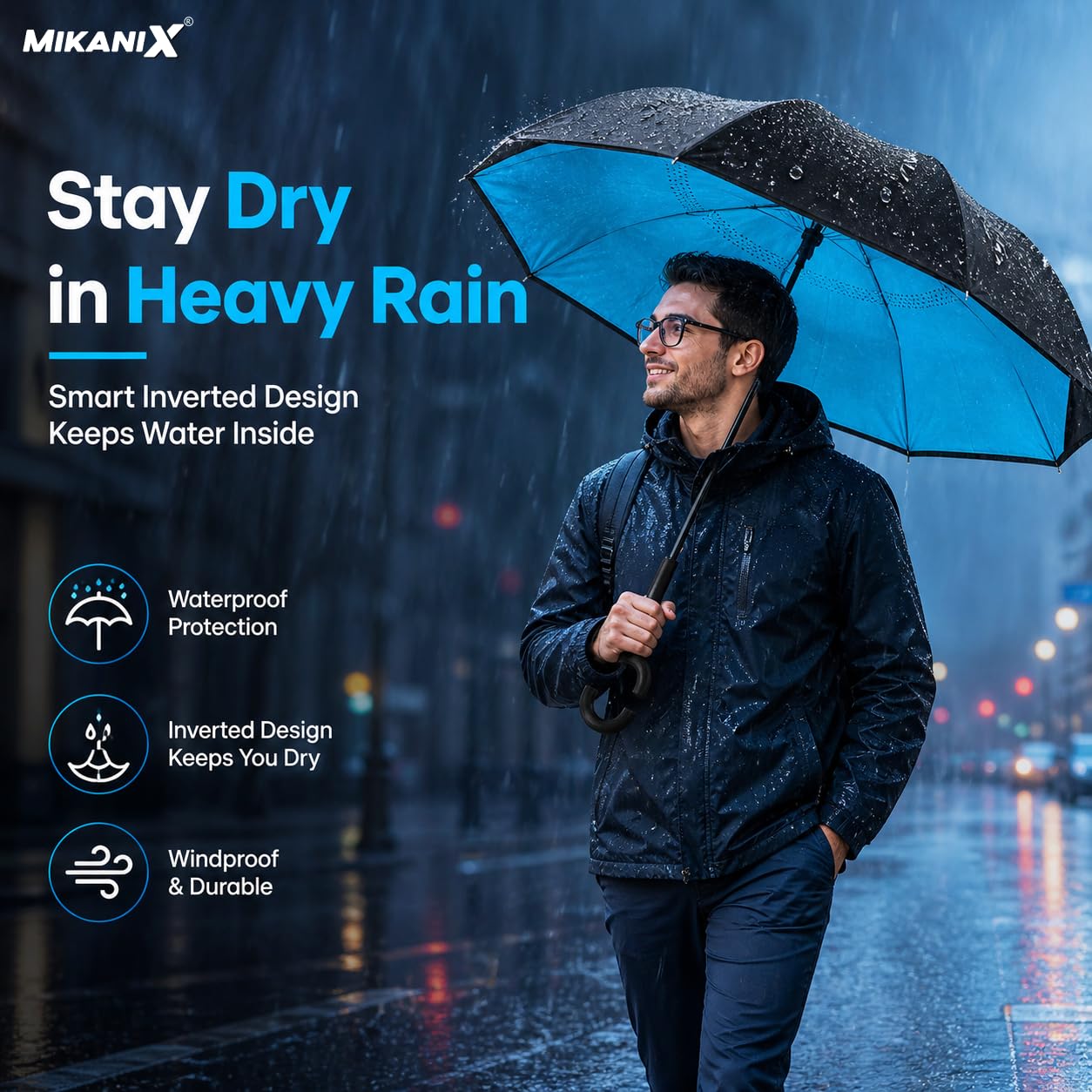 MIKANIX Reverse Folding Umbrella | Windproof Double Layer Inverted Upside Down Umbrella with C Shape Handle | Waterproof Anti-Drip Car Travel Rain Umbrella for Outdoor (MULTICOLOR)