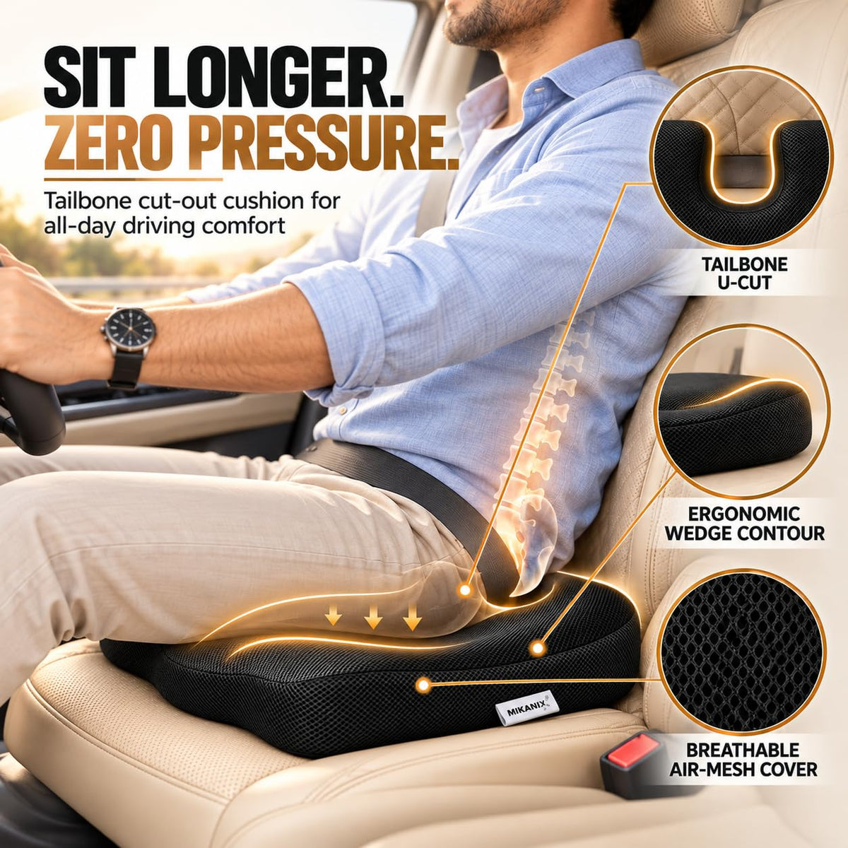 MIKANIX 3-in-1 Cushion Combo with Memory Foam Orthopedic Coccyx Seat Cushion | Lumbar Support Backrest and Neck Headrest Cushion | Breathable for Car, SUV, Sedan & Long Drives