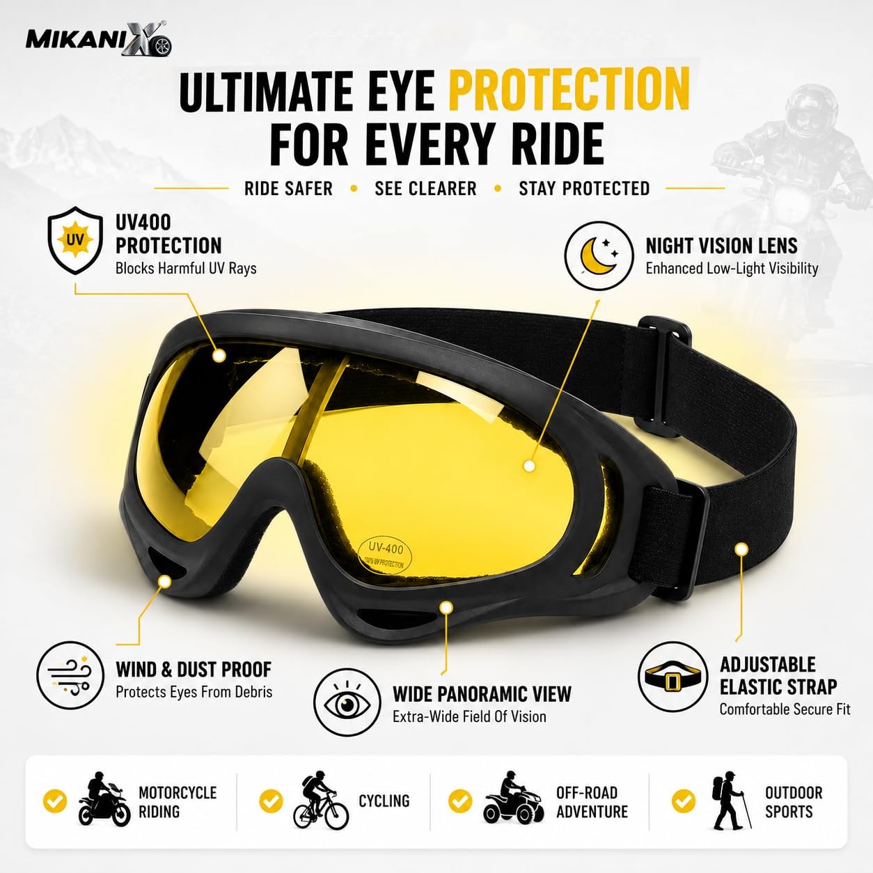BRXR Motorcycle Riding Eyewear Helmet Goggles Anti Scratch | UV Protective Windproof Dirt Shield for Cycling, Bike Riding Off Road Racing and Outdoor Activities (Yellow)
