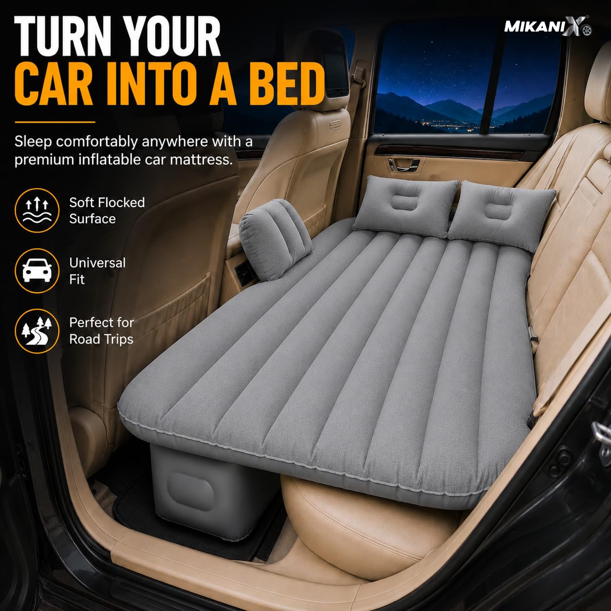 MIKANIX Inflatable Car Mattress Back Seat Air Bed for SUV, Sedan & Truck Travel | Portable Camping Air Mattress Bed with Portable Electric Air Pump, 2 Pillows, Repair Kit & Head Protection