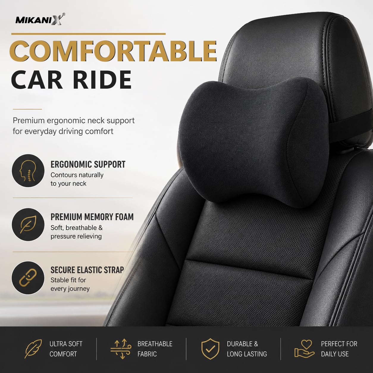 MIKANIX Car Neck Pillow for Driving - Premium Memory Foam Car Headrest Pillow with Adjustable Strap, Ergonomic Neck & Head Support for Car Seat Black
