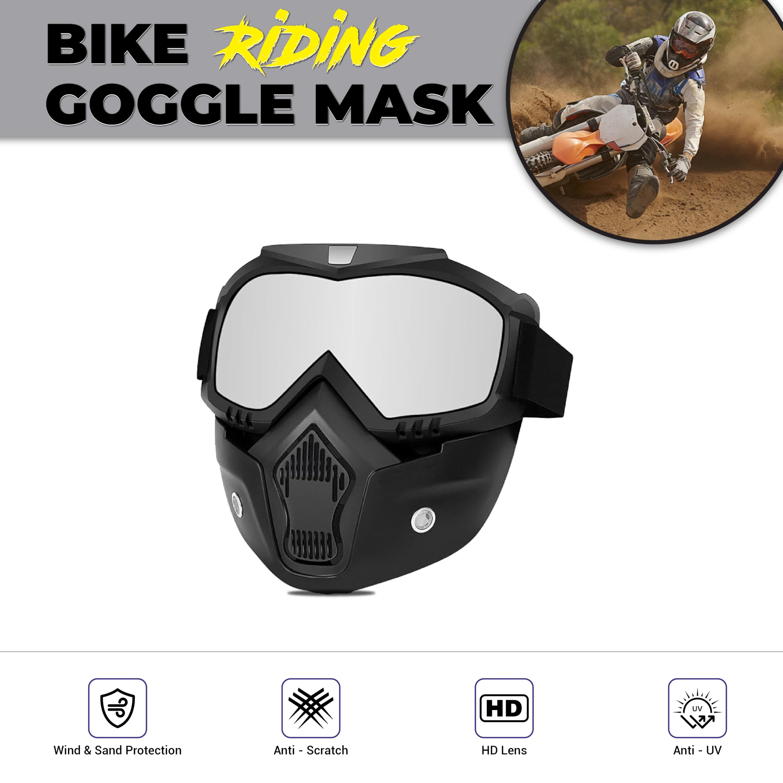 MIKANIX Bike Riding Goggle Mask Anti Scratch UV Protective Face & Eyewear Windproof Dirt Shield With Detachable Mouth Filter For Cycling, Bike Off Road Racing