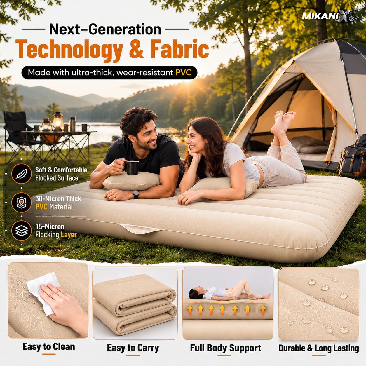 MIKANIX Inflatable Car Mattress Back Seat Air Bed for SUV, Sedan & Truck Travel | Portable Camping Air Mattress Bed with Portable Electric Air Pump, 2 Pillows, Repair Kit & Head Protection