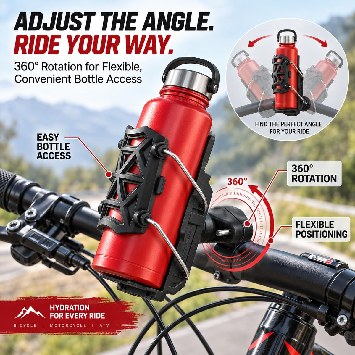 MIKANIX Adjustable Water Bottle Holder | Bottle Cage with Secure Mounting Bracket | Anti-Slip Secure Holder Heavy-Duty Bottle Stand for Bike, Cycling, Scooter, ATV & Bicycle