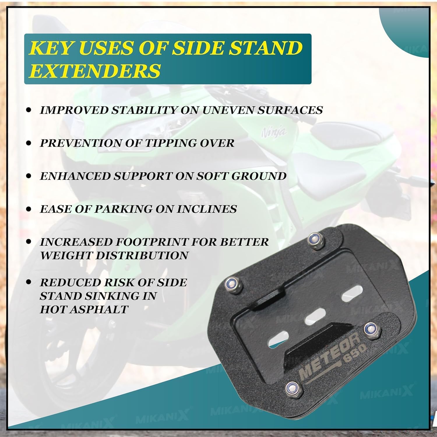 MIKANIX Combo of Complete Accessories for RE Meteor 650 Side Stand Extender, Front & Rear Oil Cap Container Guard, Master Cylinder Guard Big