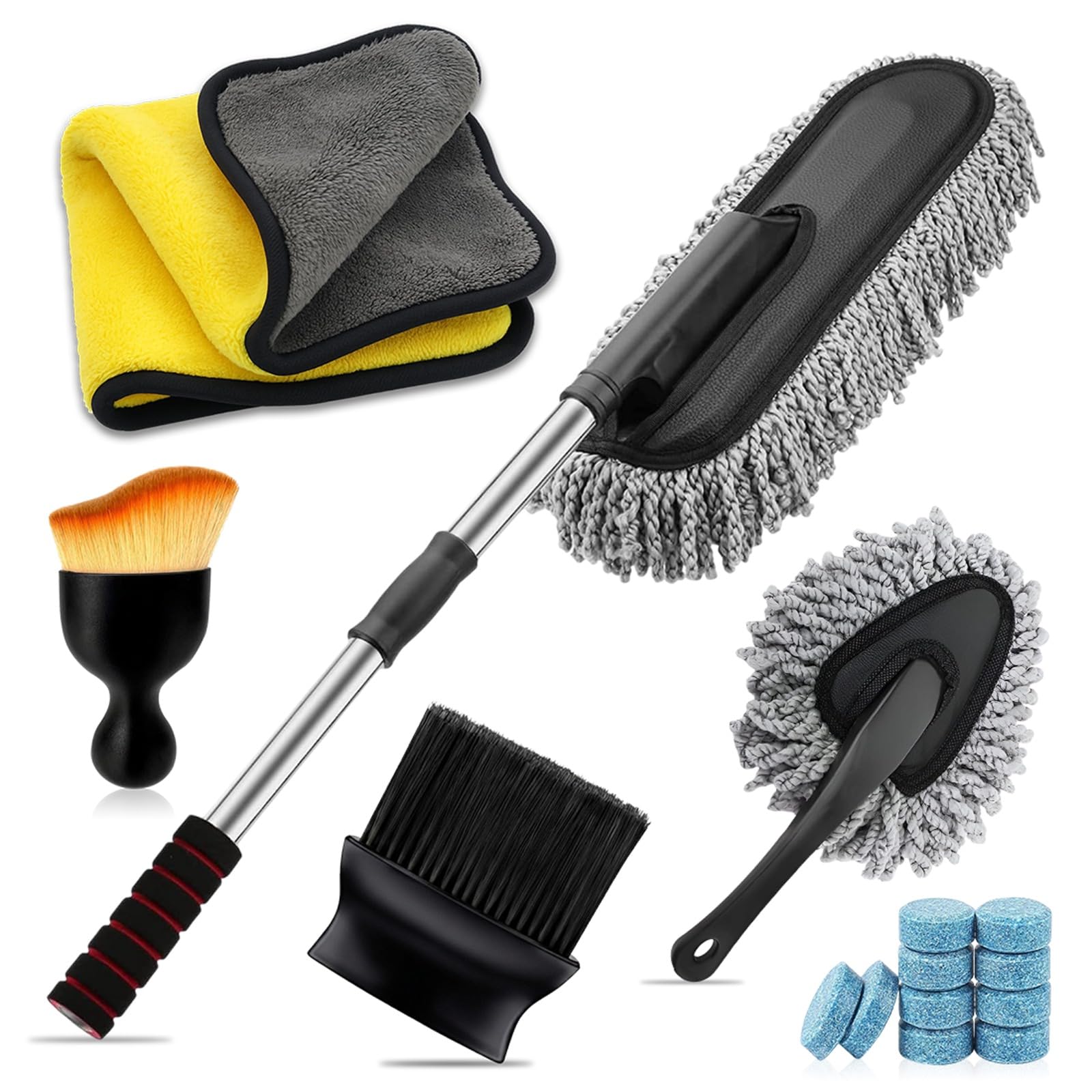 OBEROI'S TRADERS 6 in 1 Car Cleaning Kit | Microfiber Car Duster with Extendable Handle, Detailing Brushes, Cloth, Windshield Washer Tablets & Interior/Exterior Scratch-Free Car Detailing Tools