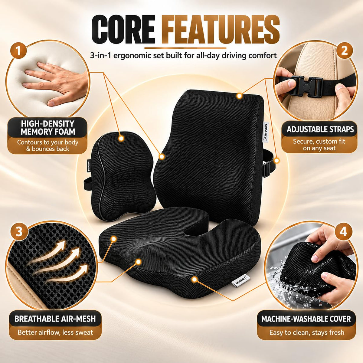 MIKANIX 3-in-1 Cushion Combo with Memory Foam Orthopedic Coccyx Seat Cushion | Lumbar Support Backrest and Neck Headrest Cushion | Breathable for Car, SUV, Sedan & Long Drives