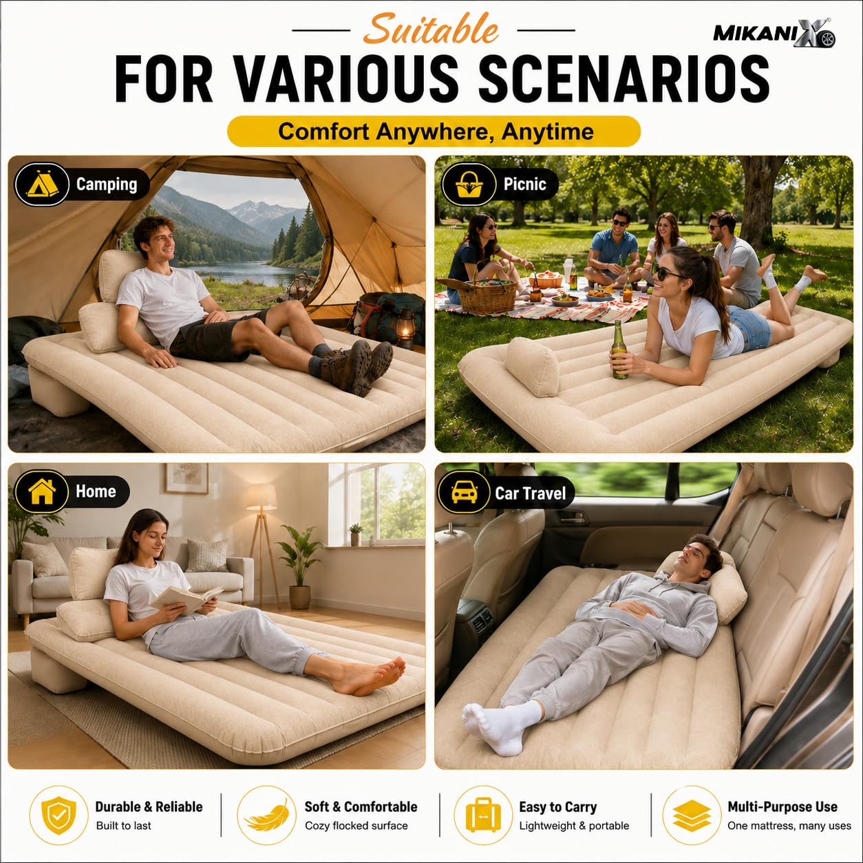 MIKANIX Inflatable Car Mattress Back Seat Air Bed for SUV, Sedan & Truck Travel | Portable Camping Air Mattress Bed with Portable Electric Air Pump, 2 Pillows, Repair Kit & Head Protection