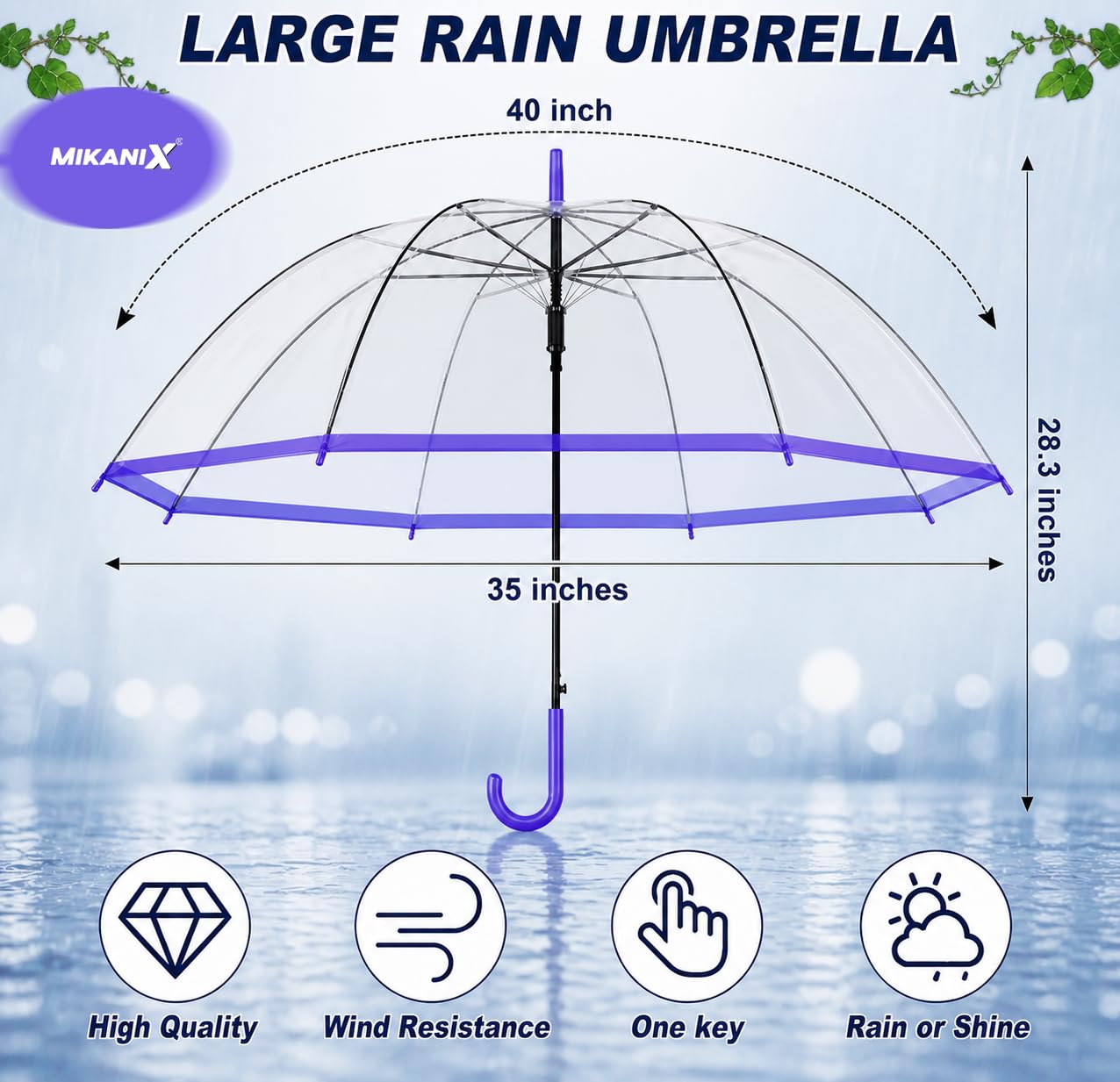 MIKANIX Transparent Dome Rain Umbrella with Trim & Curved Handle | Windproof Clear Design for Men & Women | Lightweight Portable (MULTICOLOR)