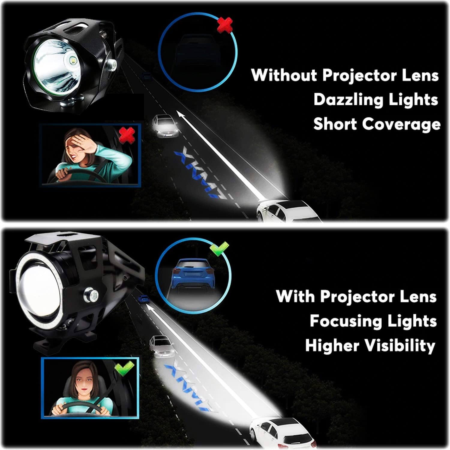 MIKANIX U7 LED Fog Light Bike Car High Low Beam Flashing with Red Demon Eye/Blue Ring Fog Lamp, Dash Light Car, Motorbike Xenon (Pack of 2)