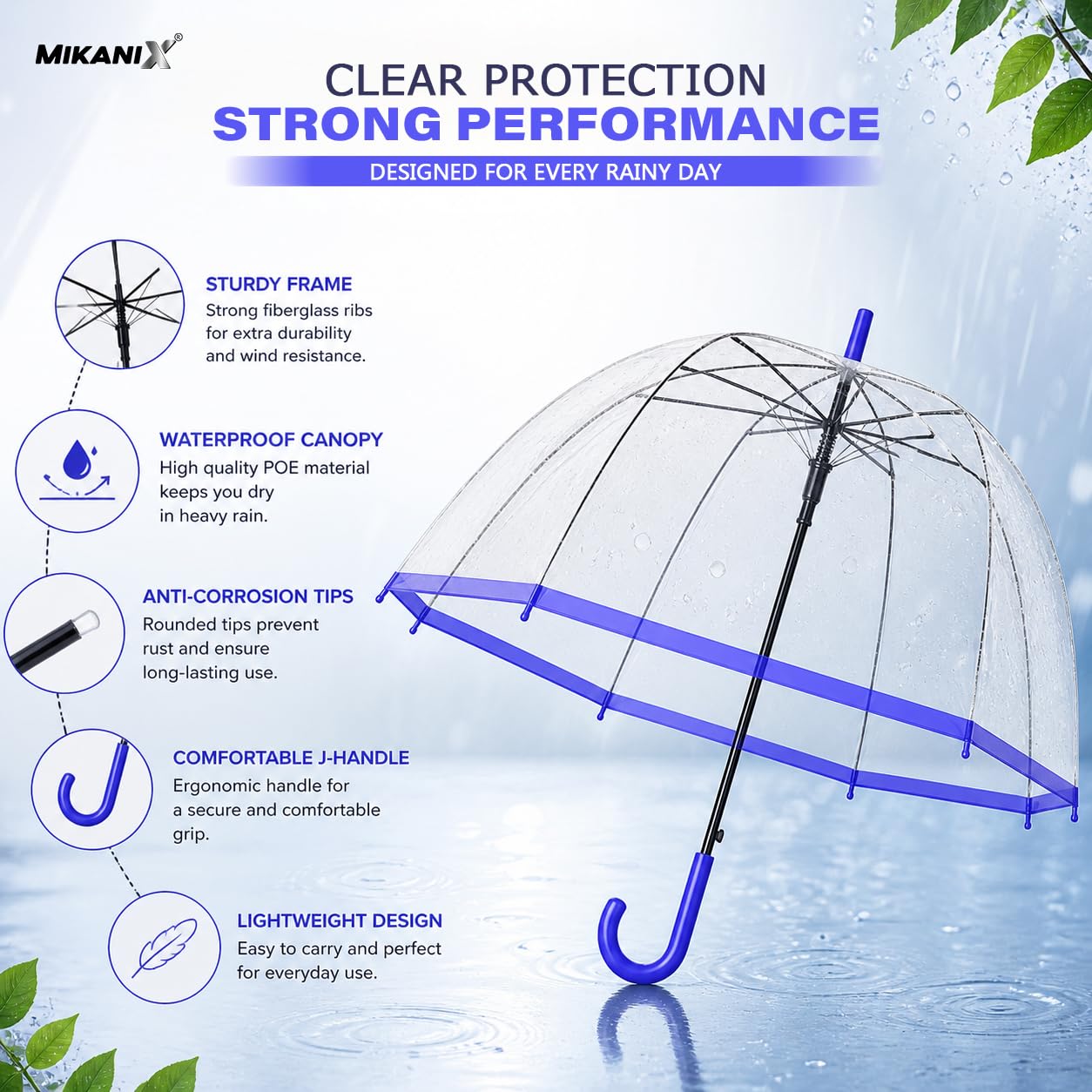 MIKANIX Transparent Dome Rain Umbrella with Trim & Curved Handle | Windproof Clear Design for Men & Women | Lightweight Portable (MULTICOLOR)