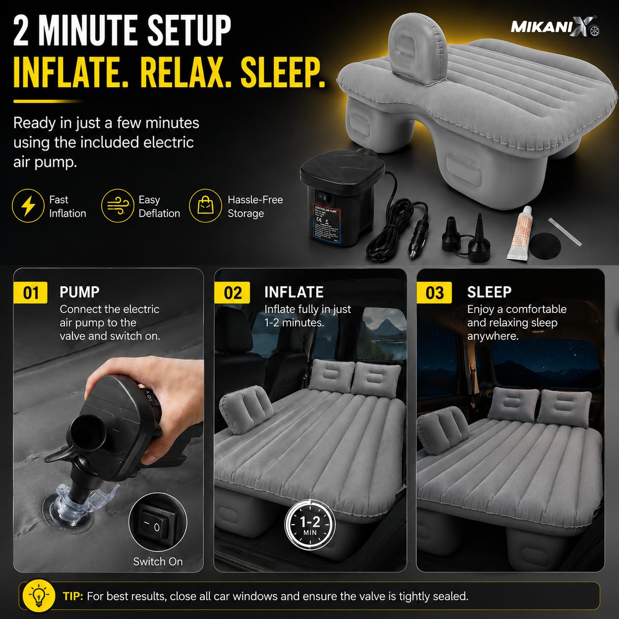 MIKANIX Inflatable Car Mattress Back Seat Air Bed for SUV, Sedan & Truck Travel | Portable Camping Air Mattress Bed with Portable Electric Air Pump, 2 Pillows, Repair Kit & Head Protection
