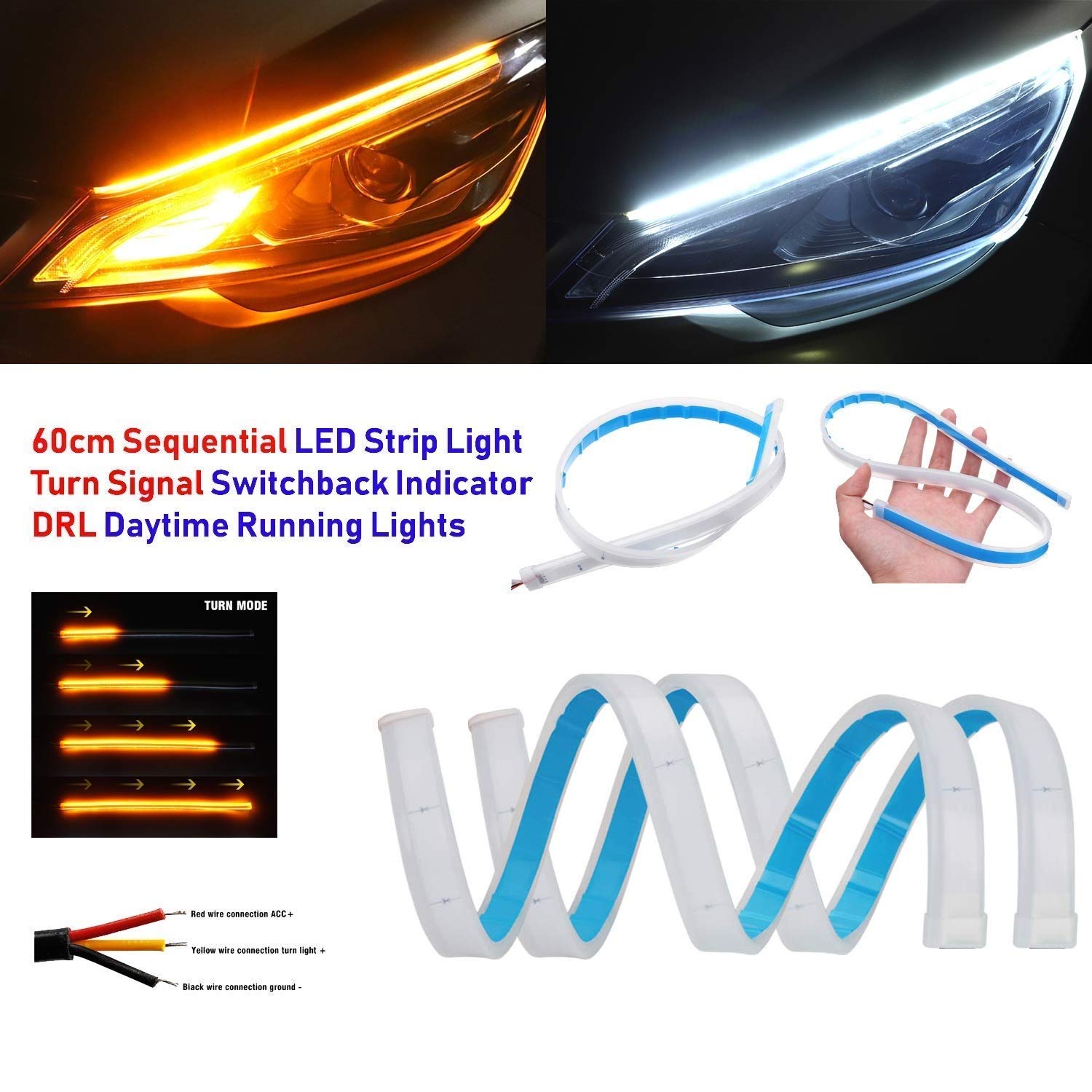 MIKANIX Premium Flexible Dual Color Headlight DRL Daytime Running Light Tube Guide Car LED Strip For Trunk/Dicky/Boot/Tail Lights Streamer Brake Turn Signal Light
