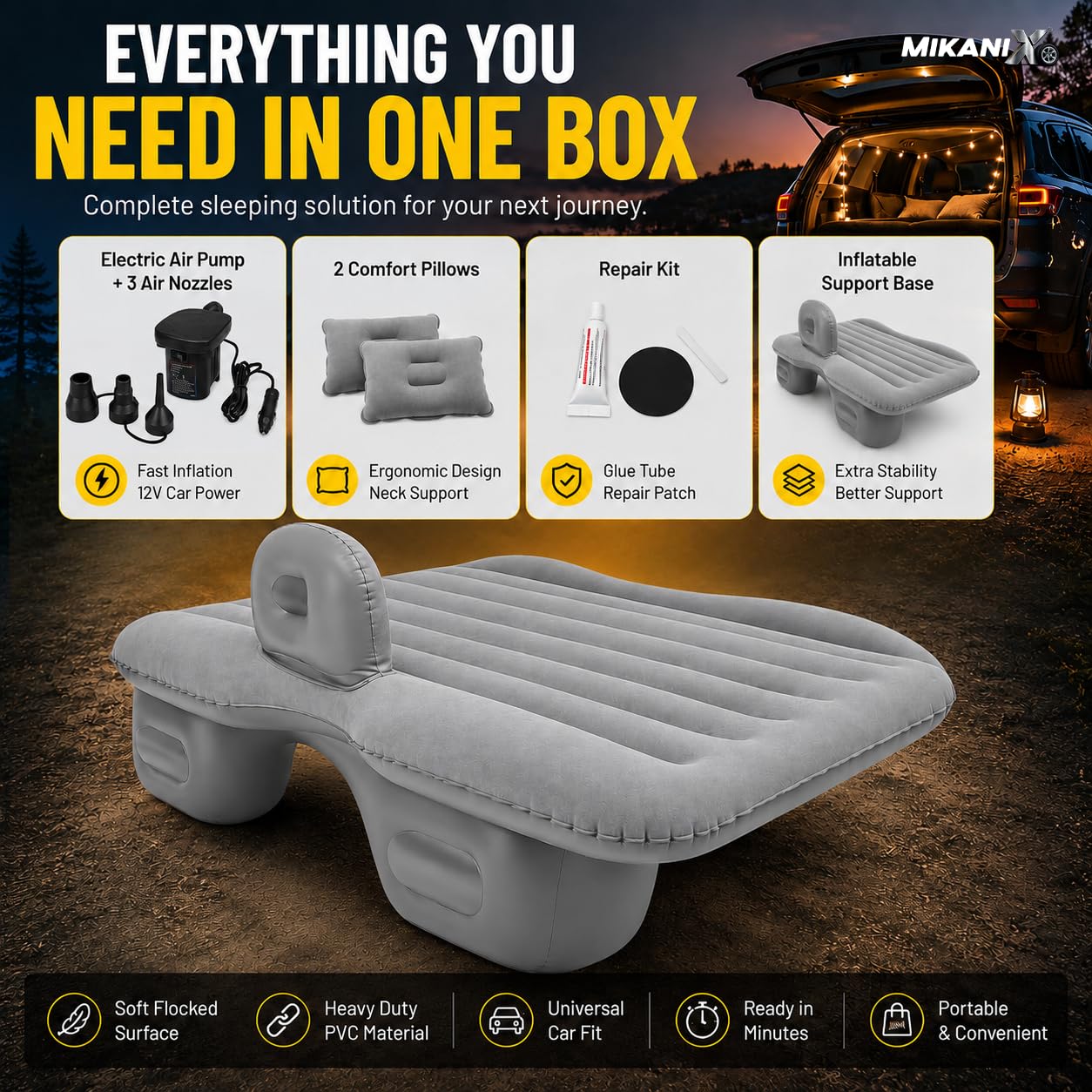 MIKANIX Inflatable Car Mattress Back Seat Air Bed for SUV, Sedan & Truck Travel | Portable Camping Air Mattress Bed with Portable Electric Air Pump, 2 Pillows, Repair Kit & Head Protection