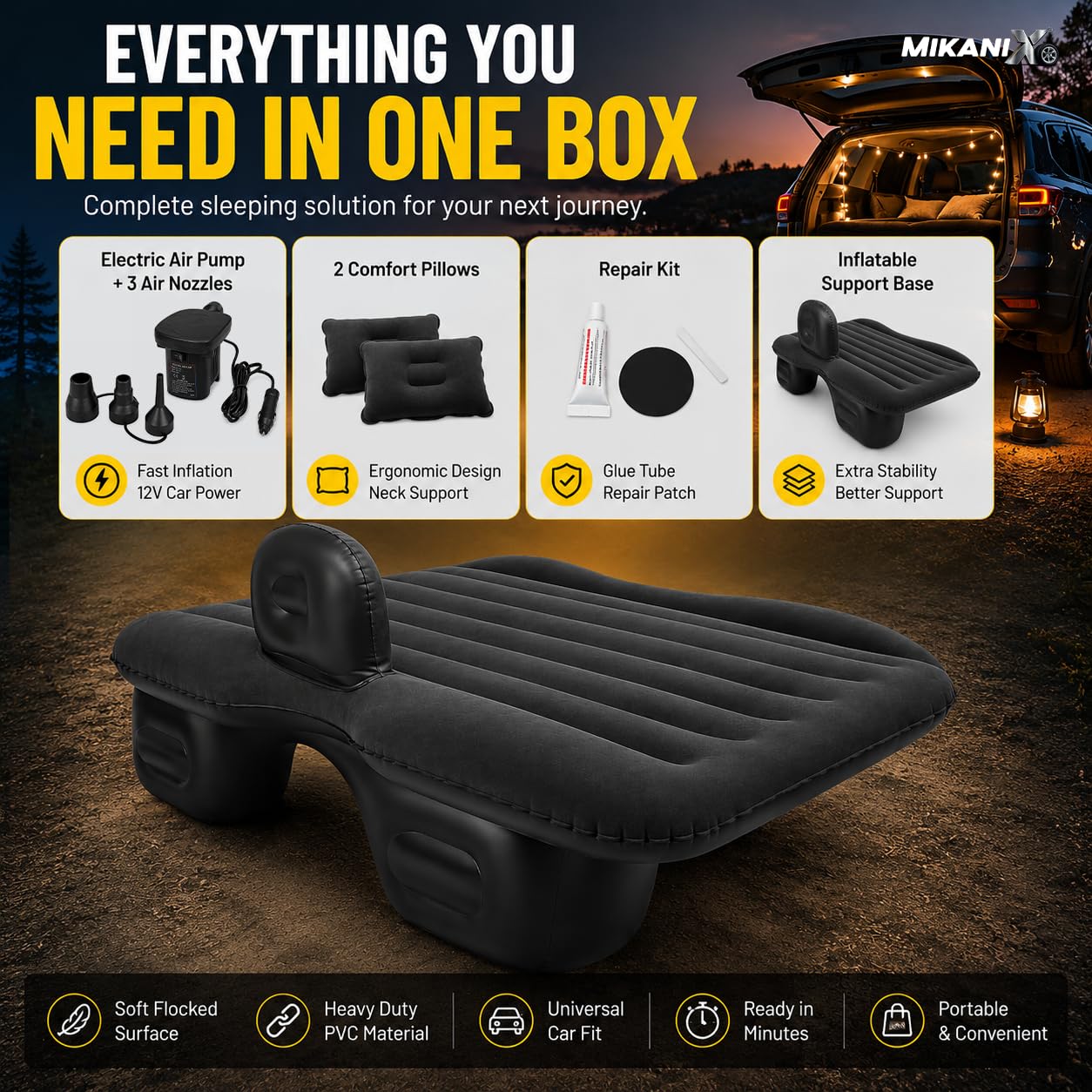 MIKANIX Inflatable Car Mattress Back Seat Air Bed for SUV, Sedan & Truck Travel | Portable Camping Air Mattress Bed with Portable Electric Air Pump, 2 Pillows, Repair Kit & Head Protection