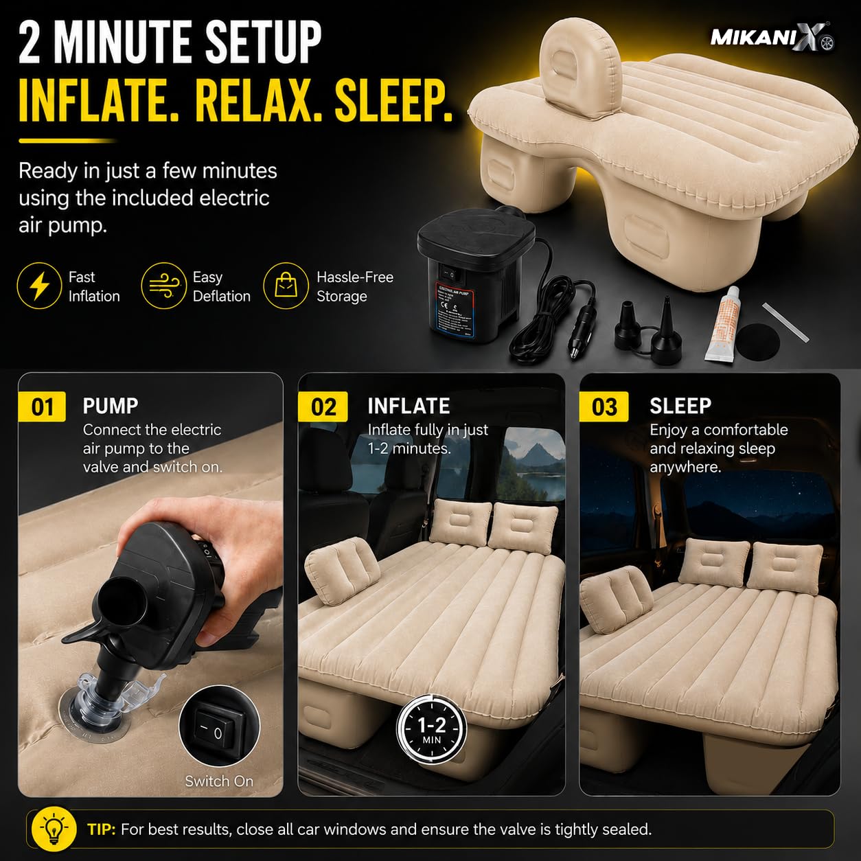 MIKANIX Inflatable Car Mattress Back Seat Air Bed for SUV, Sedan & Truck Travel | Portable Camping Air Mattress Bed with Portable Electric Air Pump, 2 Pillows, Repair Kit & Head Protection