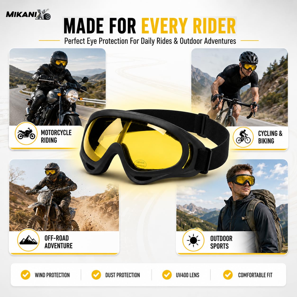 BRXR Motorcycle Riding Eyewear Helmet Goggles Anti Scratch | UV Protective Windproof Dirt Shield for Cycling, Bike Riding Off Road Racing and Outdoor Activities (Yellow)