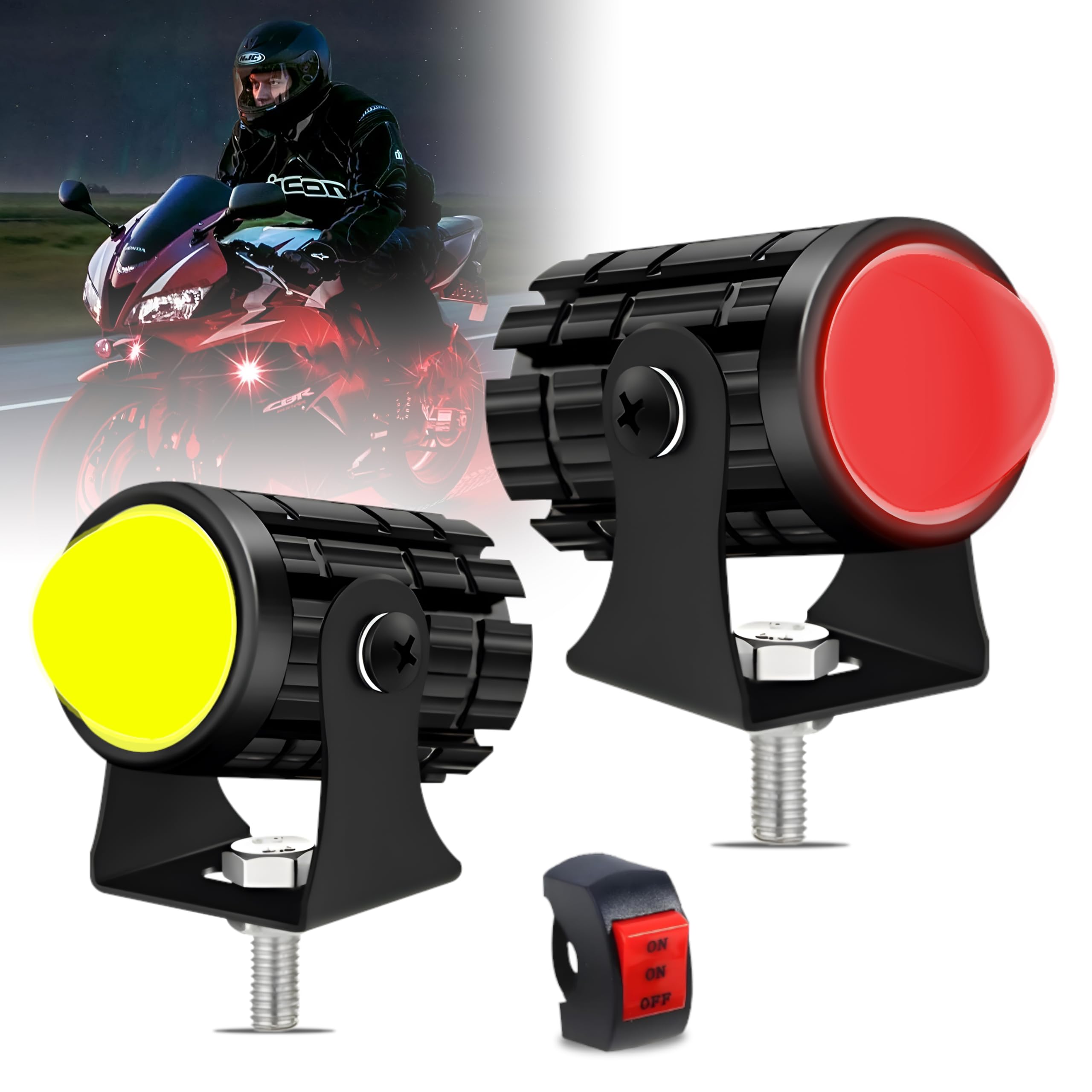 MIKANIX LED Fog Light Lamp | Projector Lens Spotlight | High & Low Beam | White, Yellow & Red Devil Light With On/Off Switch For All Motorbike, Cars, SUV, ATV